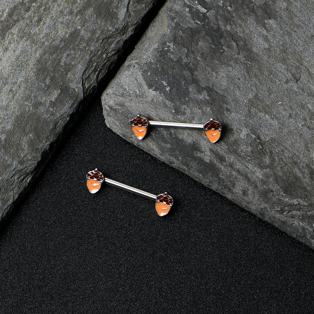 BodyCandy 14G 9/16 Autumn Acorn Brown Orange Barbell Nipple Ring Set — in-use photo