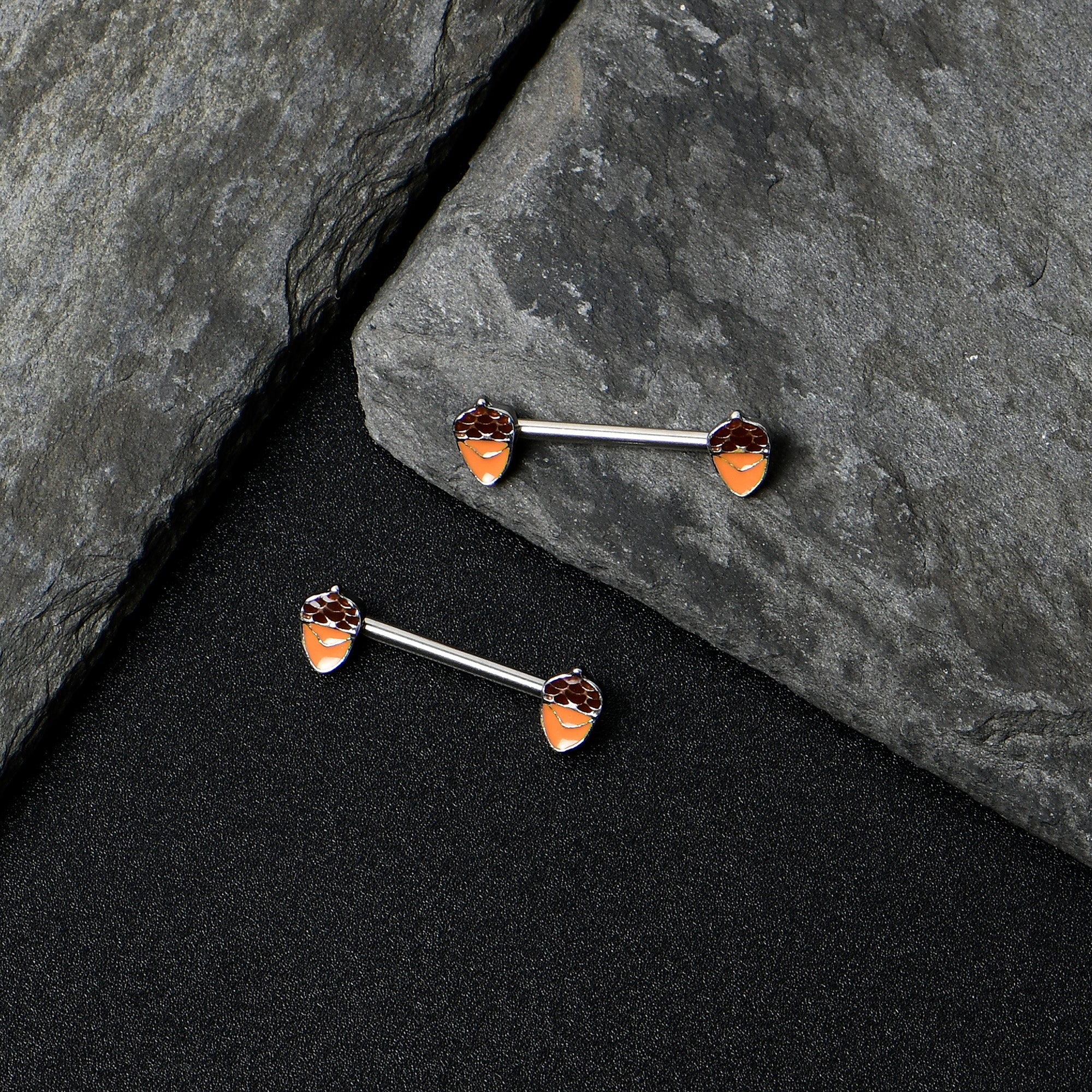BodyCandy 14G 9/16 Autumn Acorn Brown Orange Barbell Nipple Ring Set — in-use photo