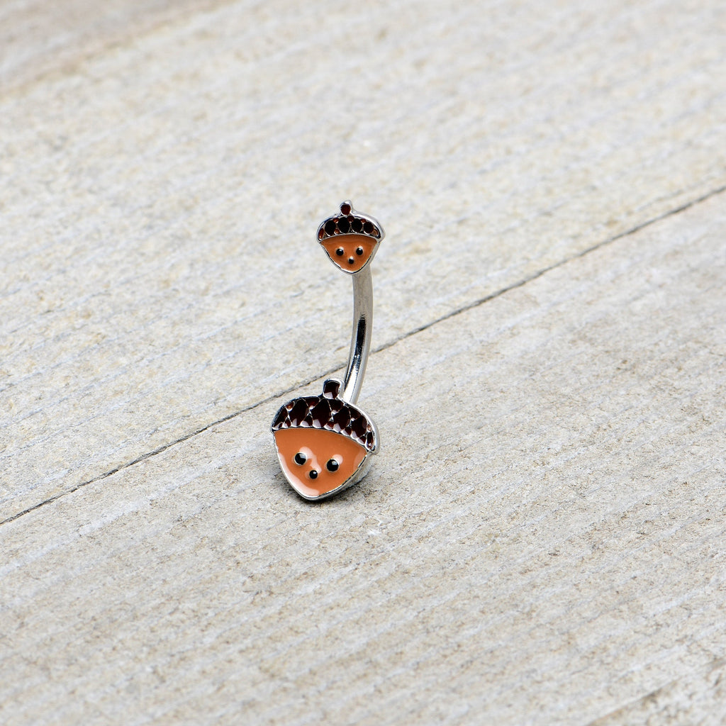 BodyCandy Autumn Acorn Face Brown Fall Double Mount Belly Ring — back view