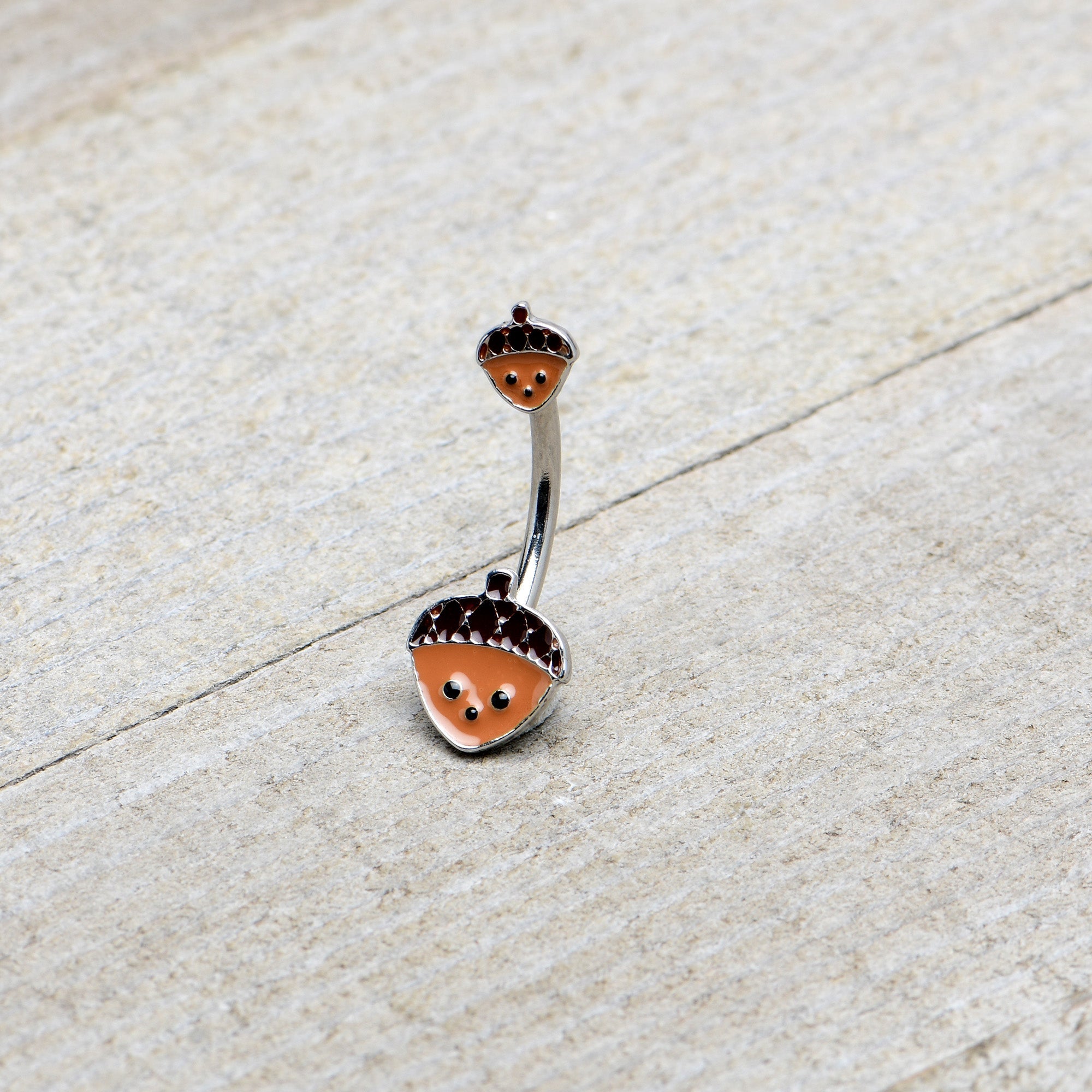BodyCandy Autumn Acorn Face Brown Fall Double Mount Belly Ring — back view