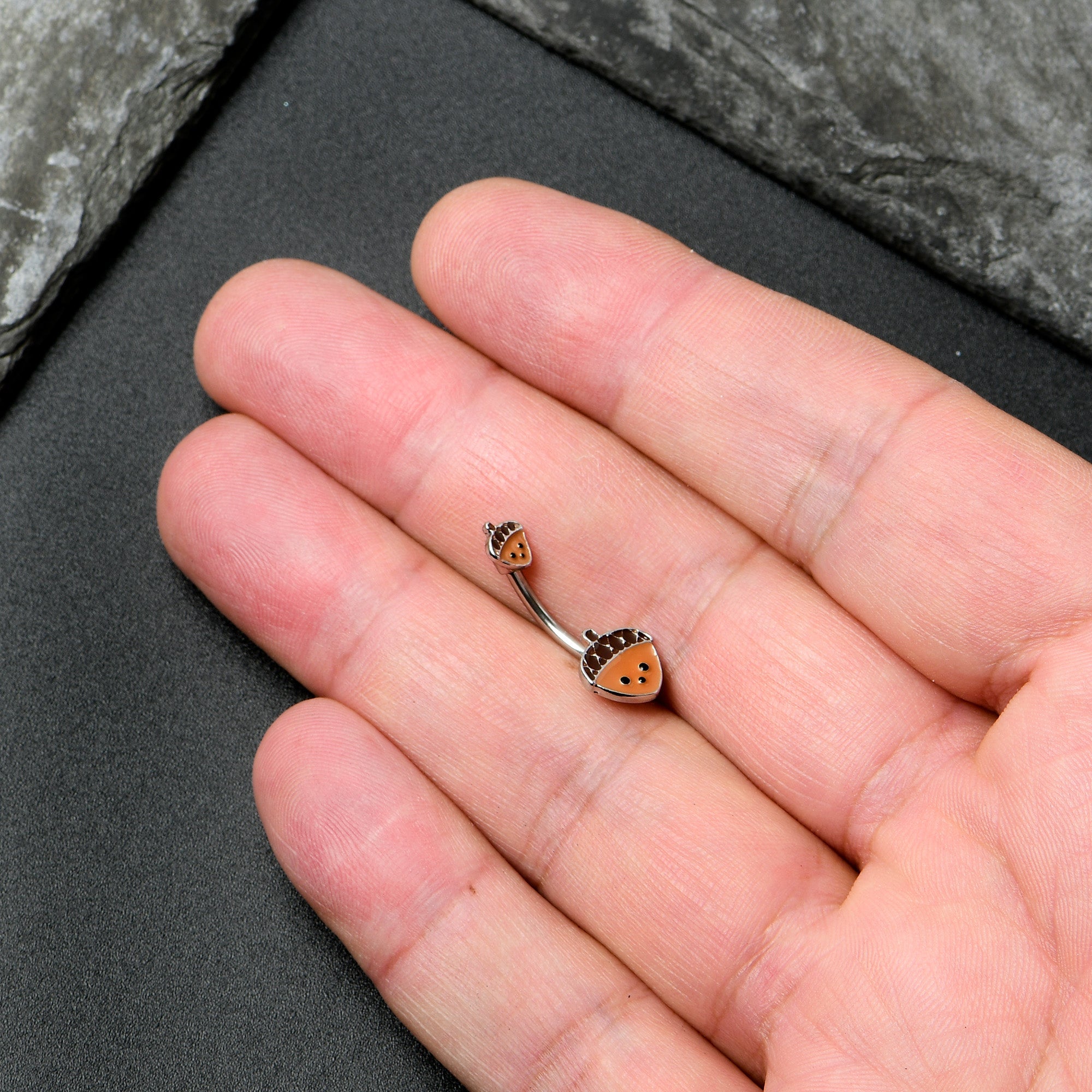 BodyCandy Autumn Acorn Face Brown Fall Double Mount Belly Ring — in-use photo