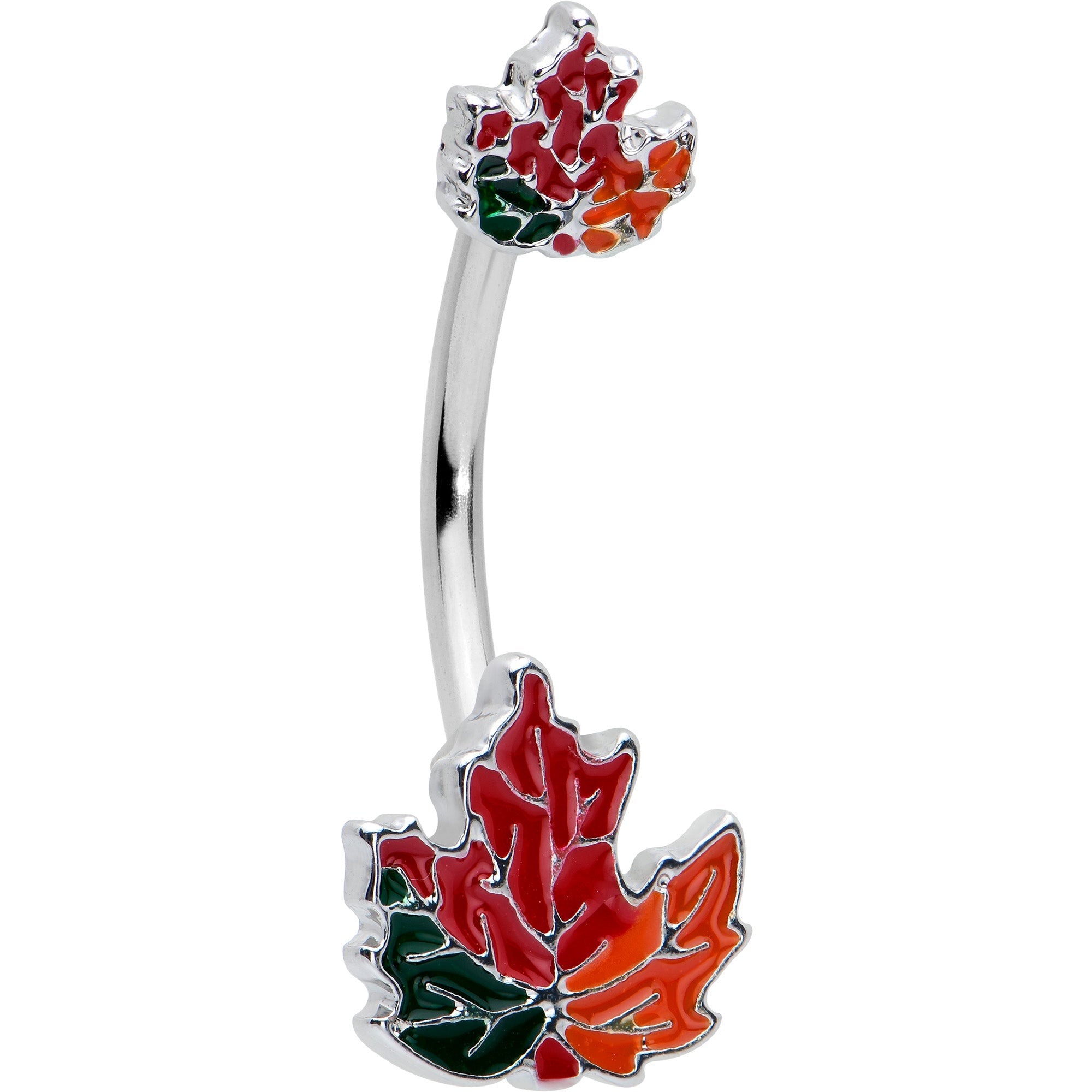 BodyCandy Autumn Tricolor Maple Leaves Red Green Orange Double Mount Belly Ring — main product shot