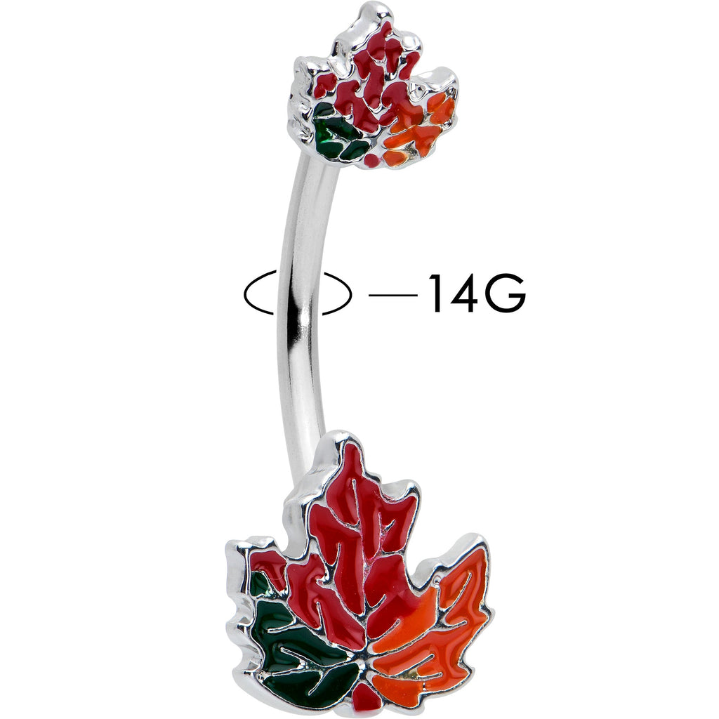 BodyCandy Autumn Tricolor Maple Leaves Red Green Orange Double Mount Belly Ring — detail close-up
