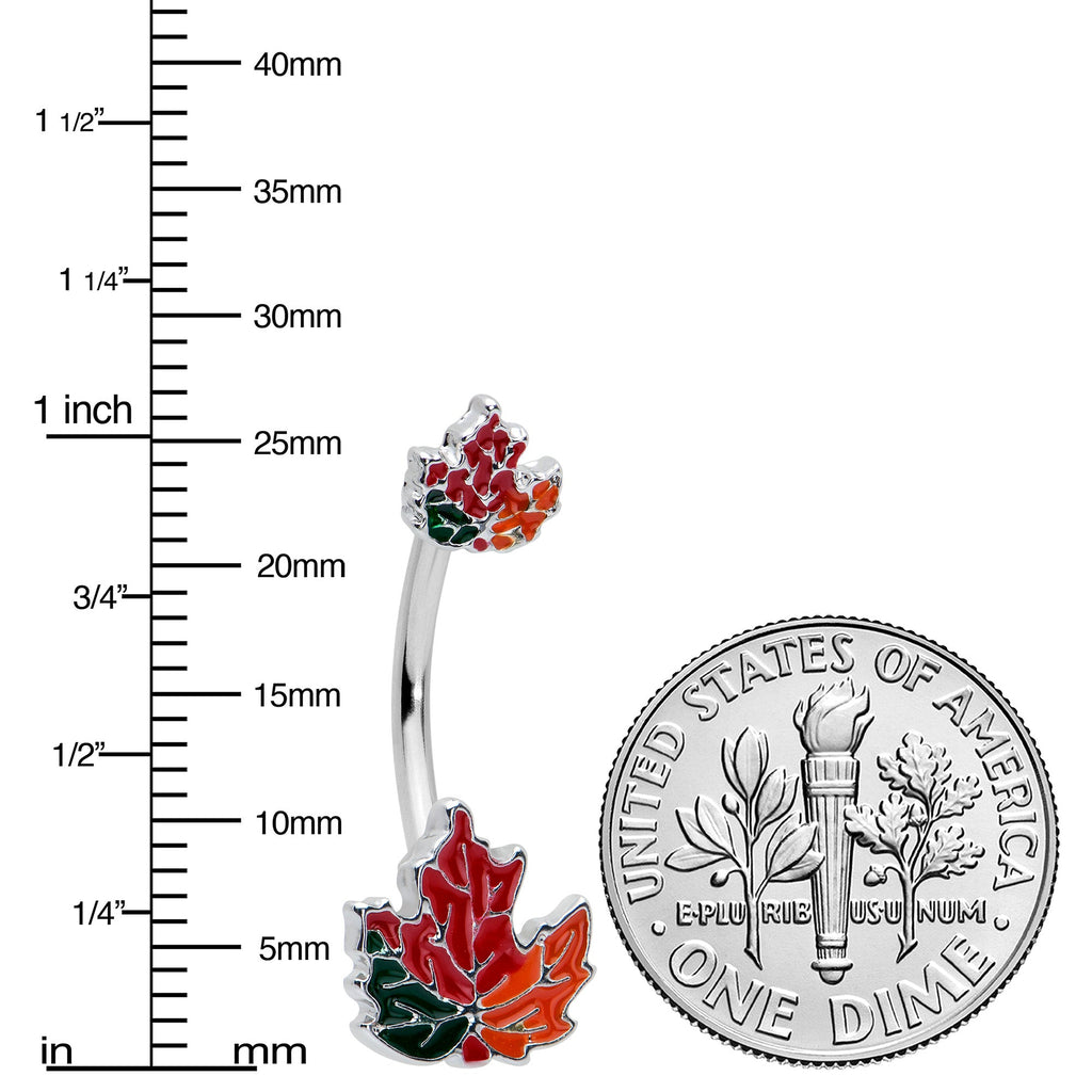 BodyCandy Autumn Tricolor Maple Leaves Red Green Orange Double Mount Belly Ring — lifestyle context