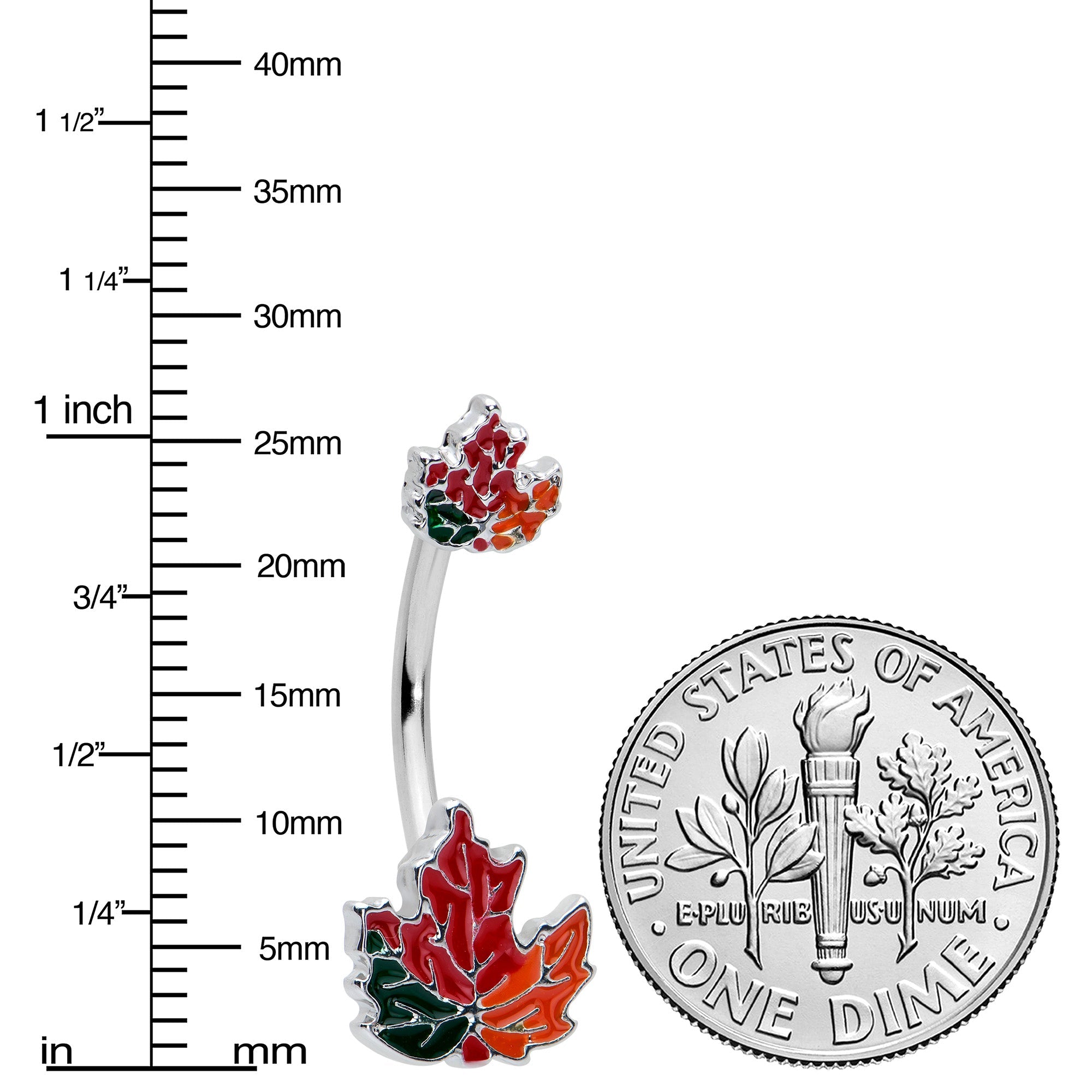 BodyCandy Autumn Tricolor Maple Leaves Red Green Orange Double Mount Belly Ring — lifestyle context