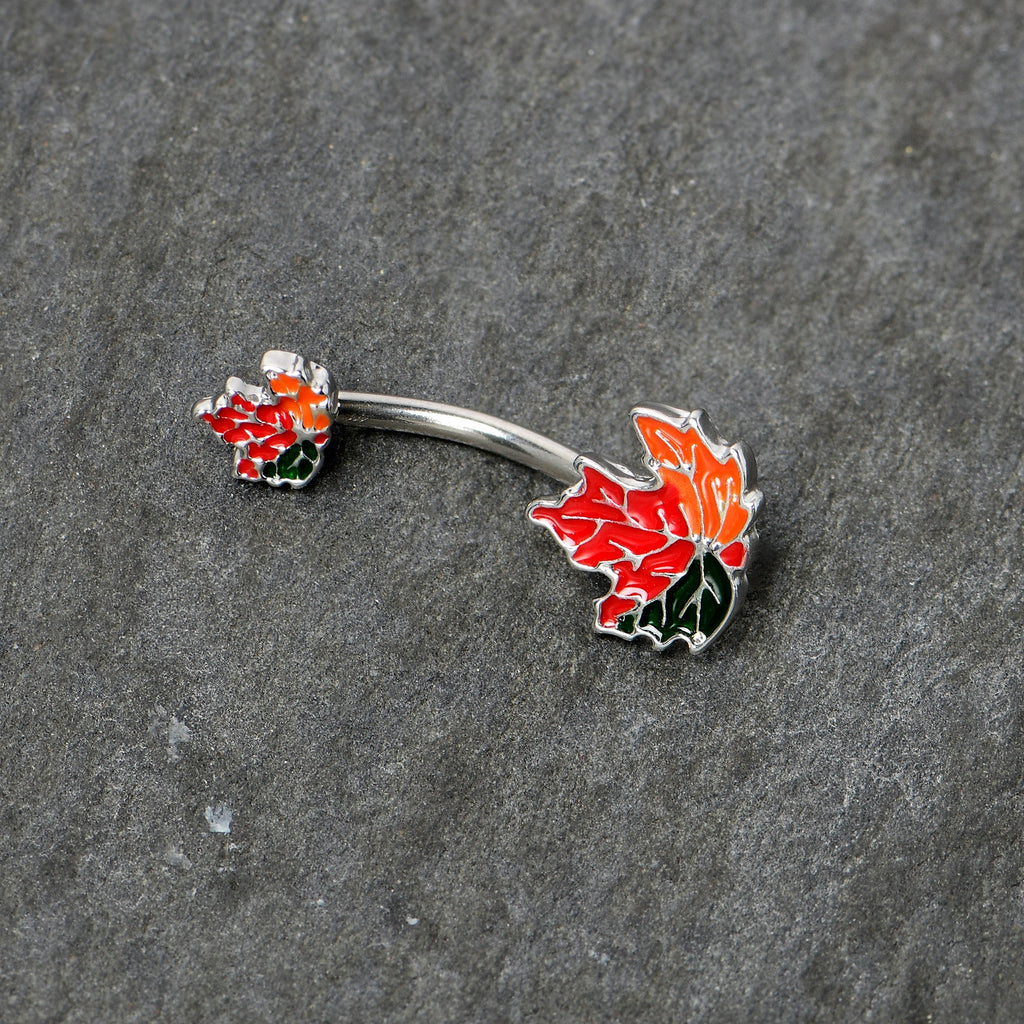 BodyCandy Autumn Tricolor Maple Leaves Red Green Orange Double Mount Belly Ring — side view