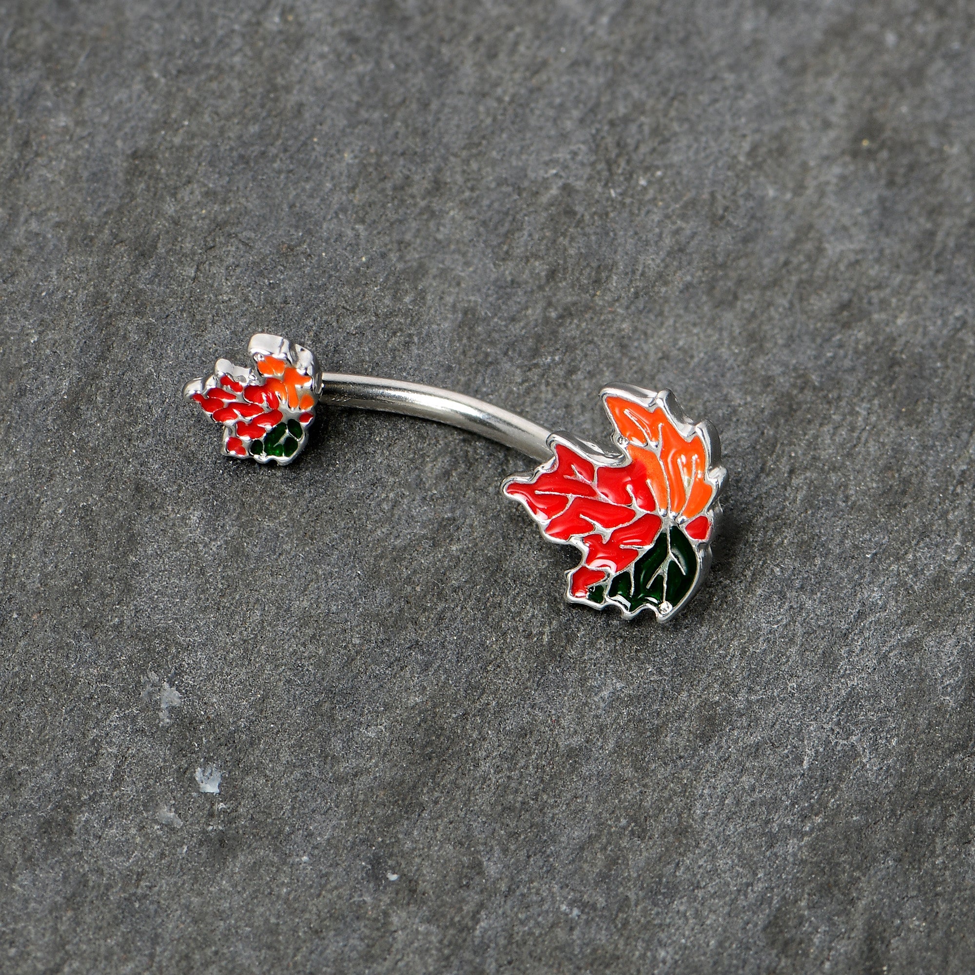 BodyCandy Autumn Tricolor Maple Leaves Red Green Orange Double Mount Belly Ring — side view