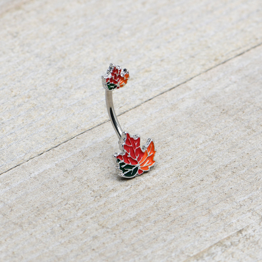 BodyCandy Autumn Tricolor Maple Leaves Red Green Orange Double Mount Belly Ring — back view