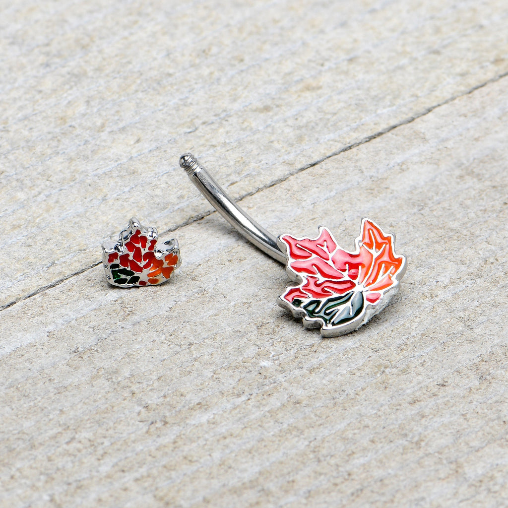 BodyCandy Autumn Tricolor Maple Leaves Red Green Orange Double Mount Belly Ring — alternative angle