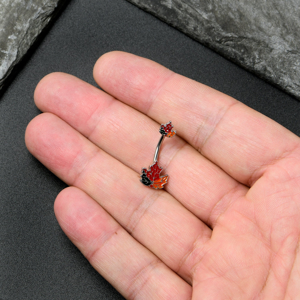 BodyCandy Autumn Tricolor Maple Leaves Red Green Orange Double Mount Belly Ring — in-use photo