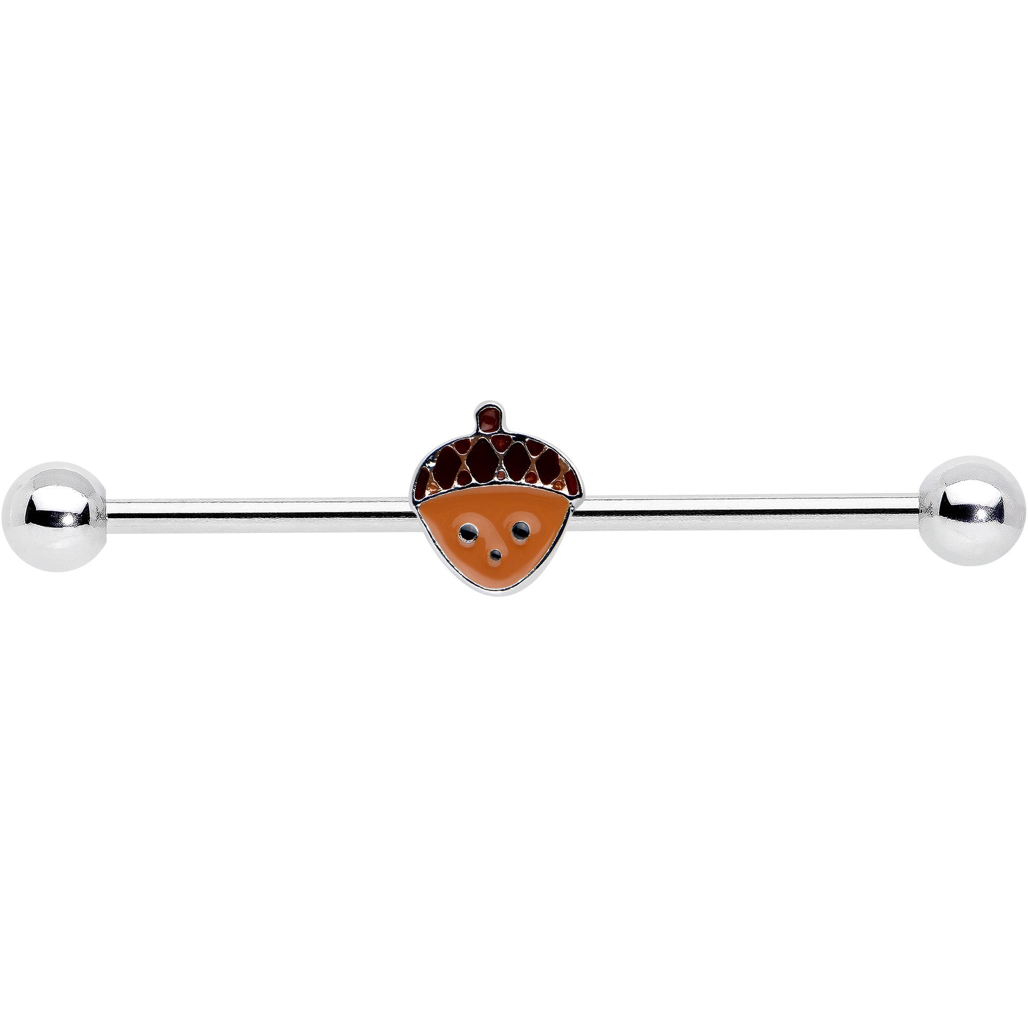 BodyCandy 14G Autumn Acorn Face Brown Fall Industrial Barbell 38mm — detail close-up