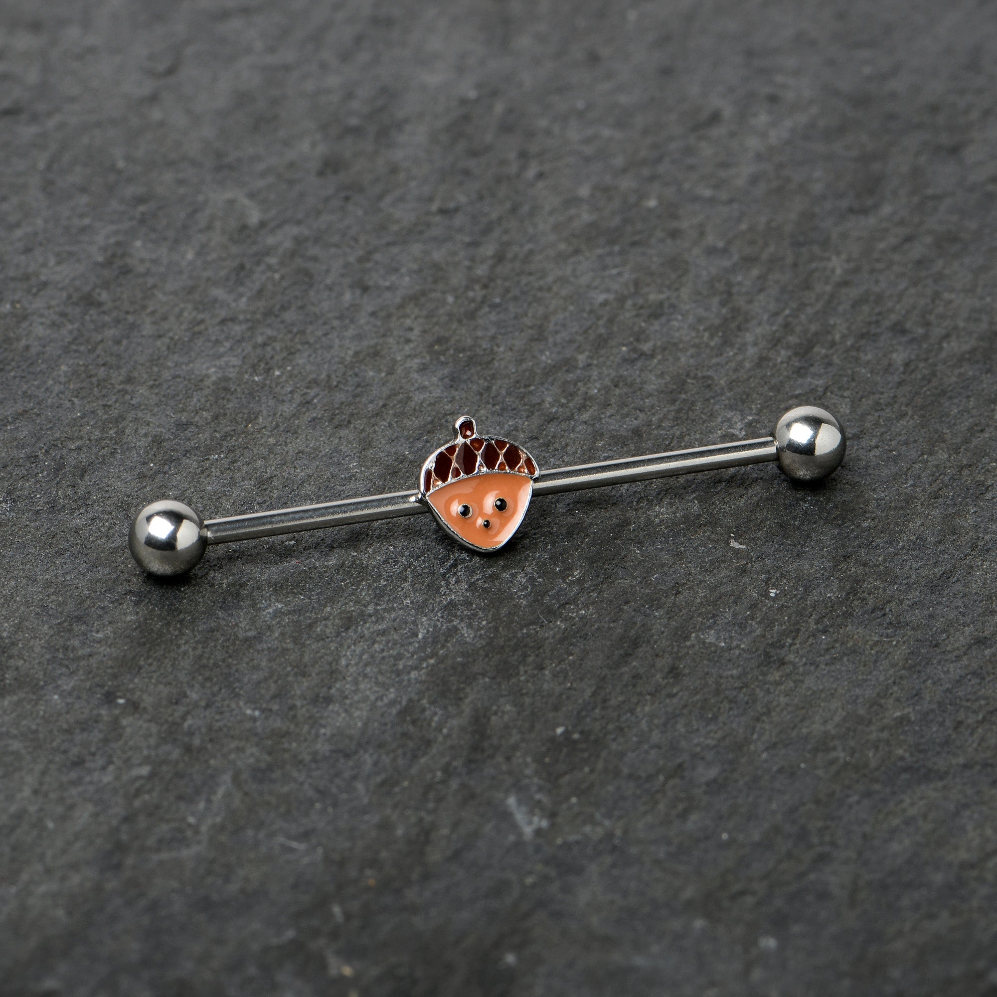 BodyCandy 14G Autumn Acorn Face Brown Fall Industrial Barbell 38mm — side view