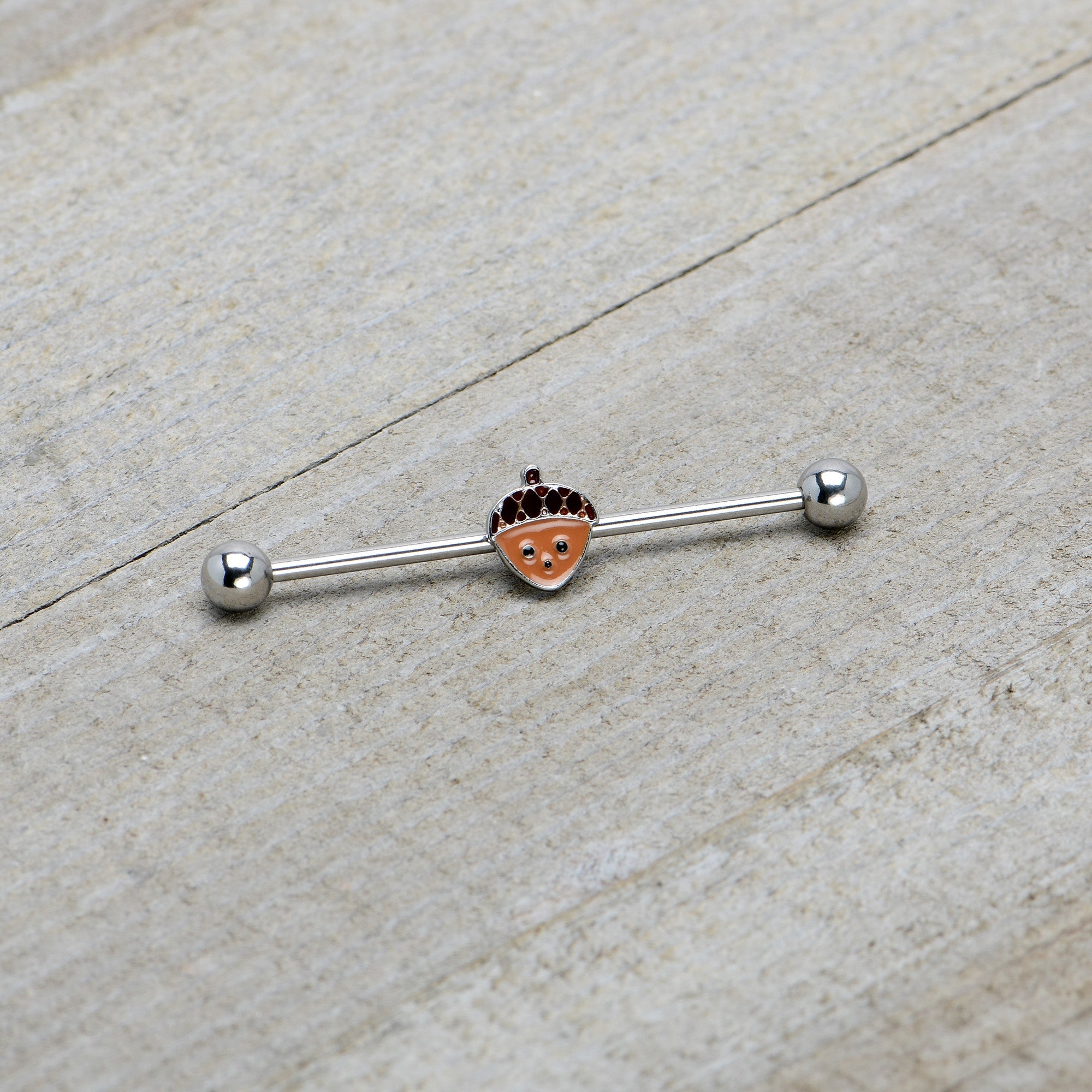 BodyCandy 14G Autumn Acorn Face Brown Fall Industrial Barbell 38mm — back view