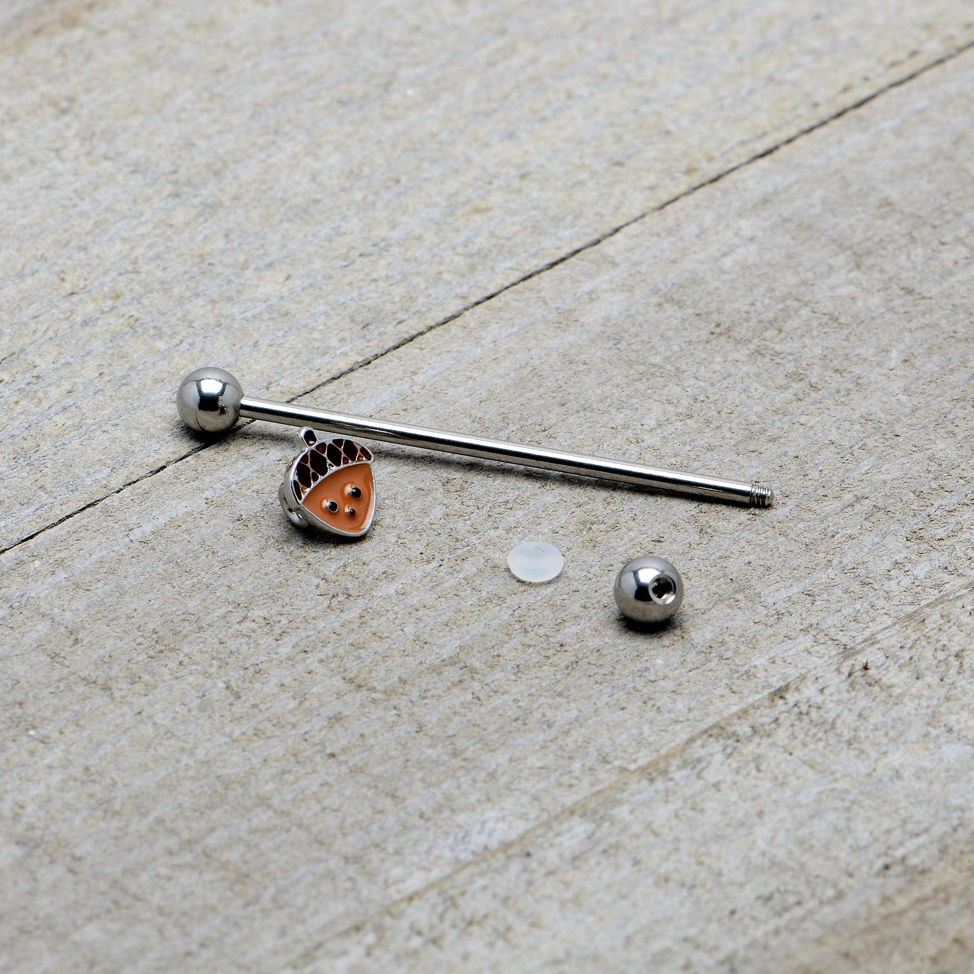 BodyCandy 14G Autumn Acorn Face Brown Fall Industrial Barbell 38mm — in-use photo