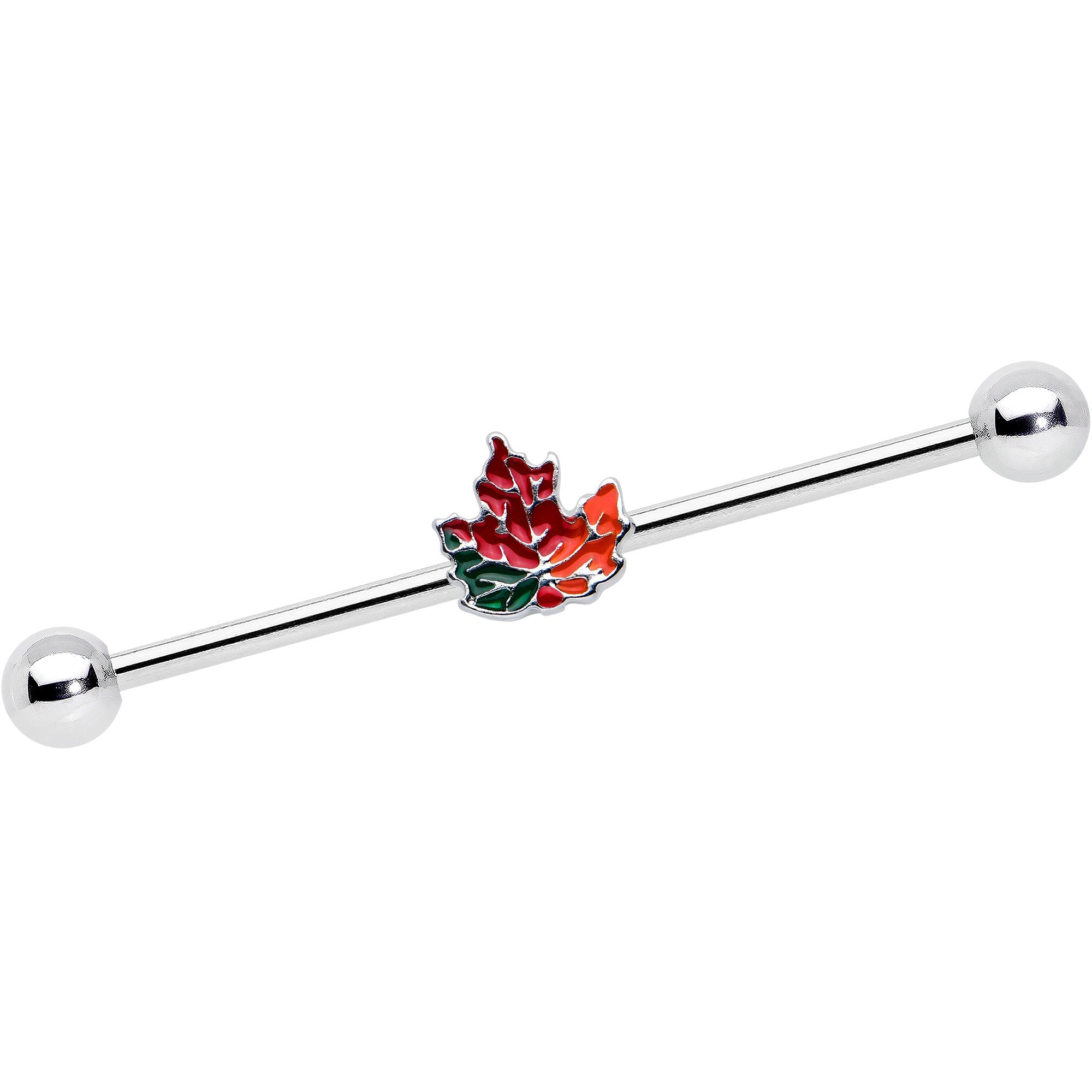 BodyCandy 14G Autumn Tricolor Red Maple Leaf Industrial Barbell 38mm — main product shot