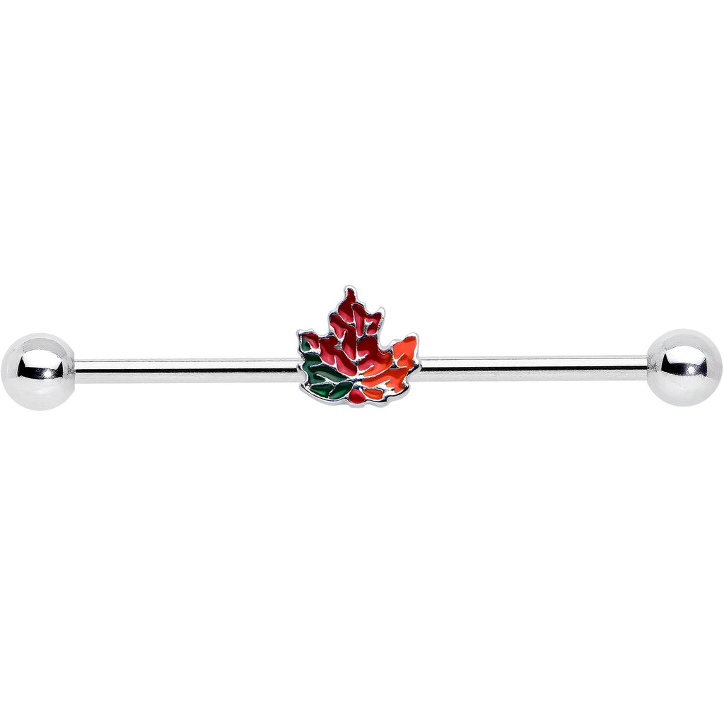 BodyCandy 14G Autumn Tricolor Red Maple Leaf Industrial Barbell 38mm — detail close-up
