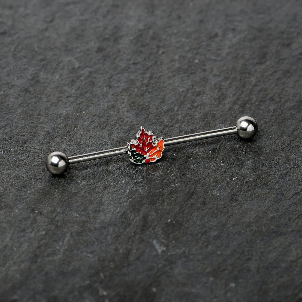 BodyCandy 14G Autumn Tricolor Red Maple Leaf Industrial Barbell 38mm — side view