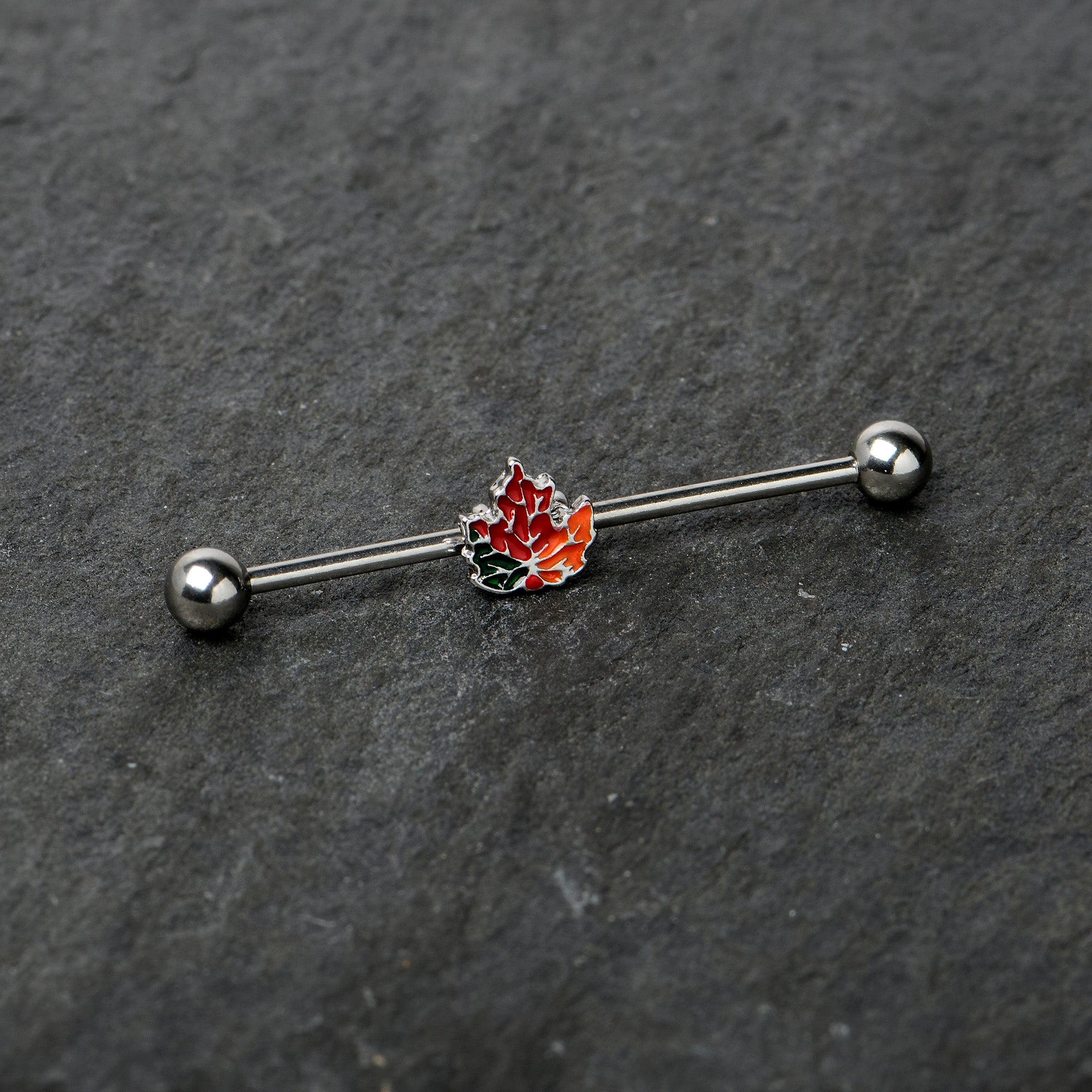 BodyCandy 14G Autumn Tricolor Red Maple Leaf Industrial Barbell 38mm — side view