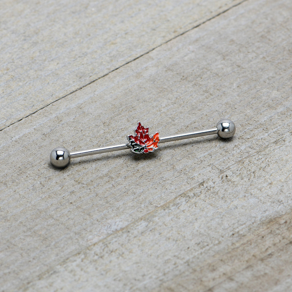 BodyCandy 14G Autumn Tricolor Red Maple Leaf Industrial Barbell 38mm — back view