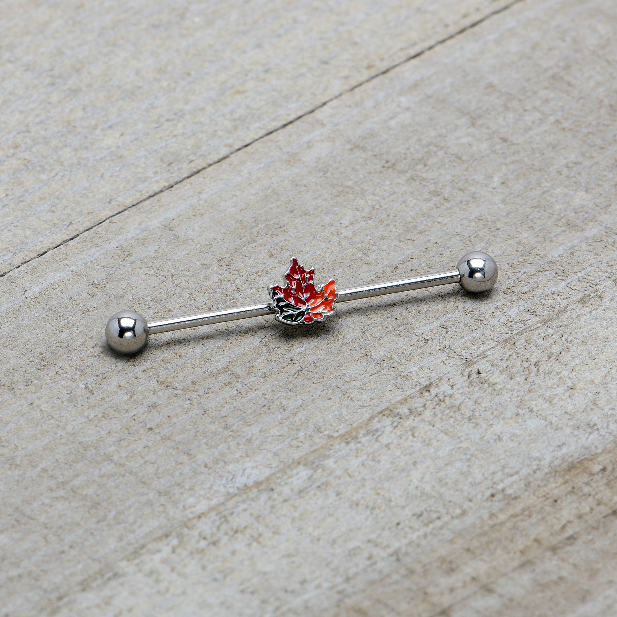 BodyCandy 14G Autumn Tricolor Red Maple Leaf Industrial Barbell 38mm — back view