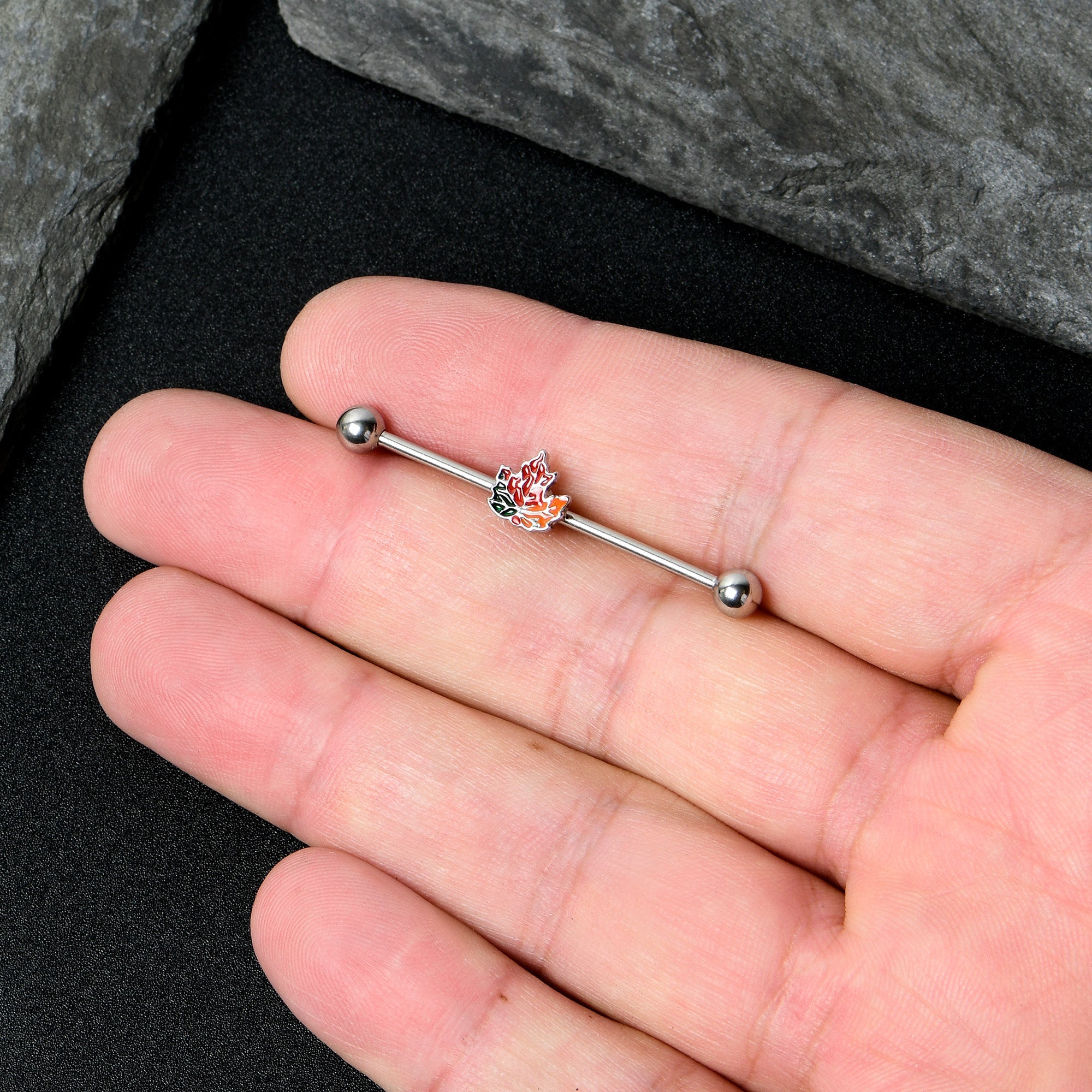 BodyCandy 14G Autumn Tricolor Red Maple Leaf Industrial Barbell 38mm — in-use photo