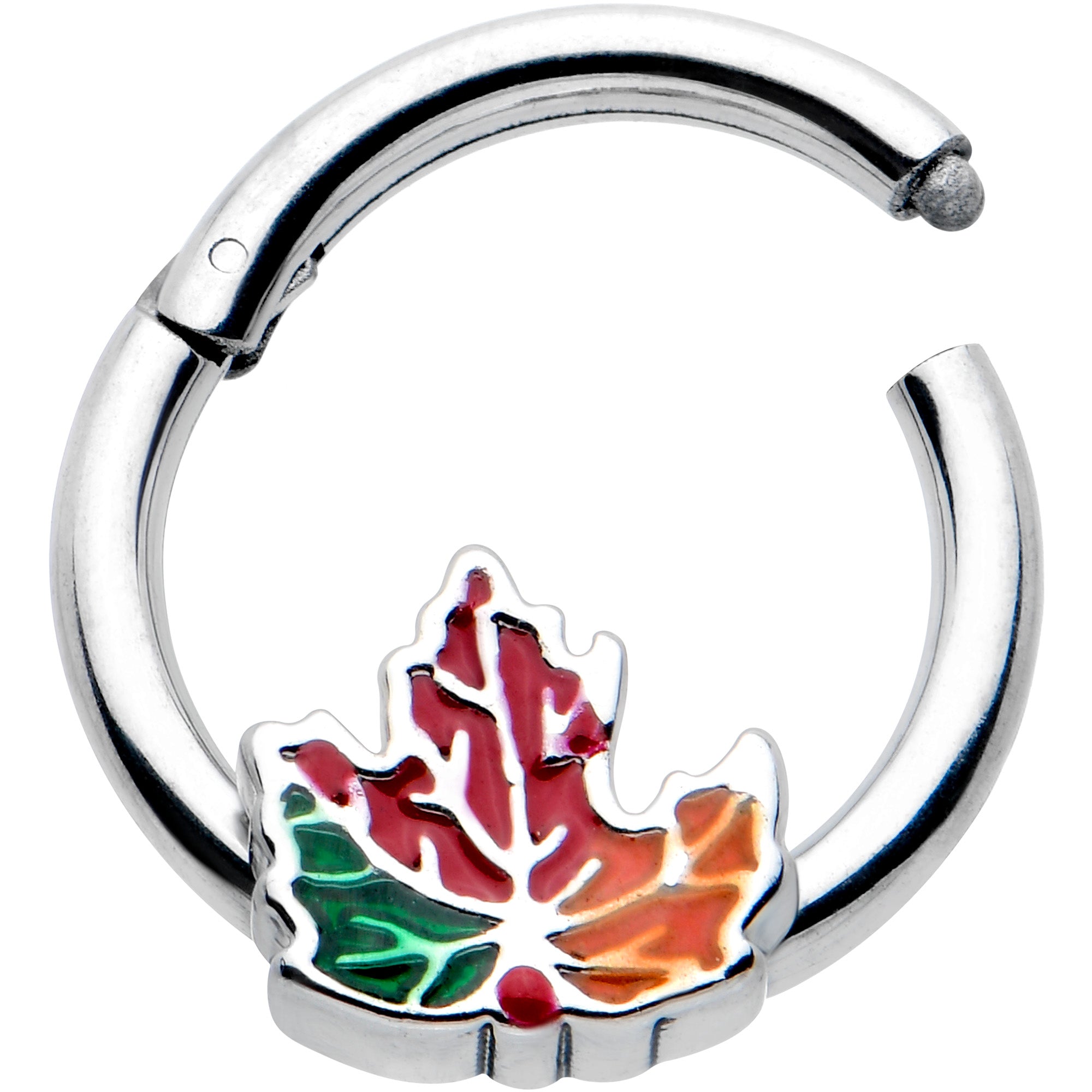BodyCandy 16G 5/16 Tricolor Red Autumn Maple Leaf Hinged Segment Ring — detail close-up
