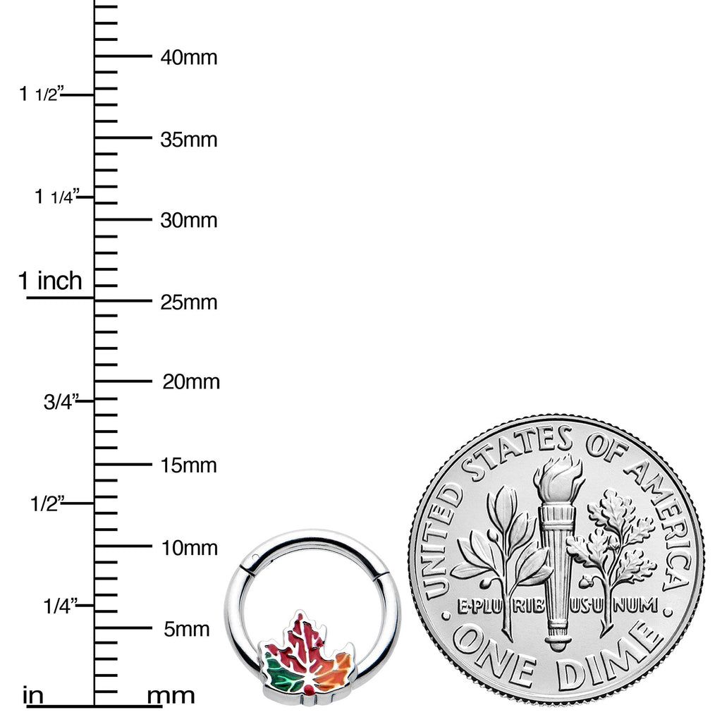 BodyCandy 16G 5/16 Tricolor Red Autumn Maple Leaf Hinged Segment Ring — lifestyle context