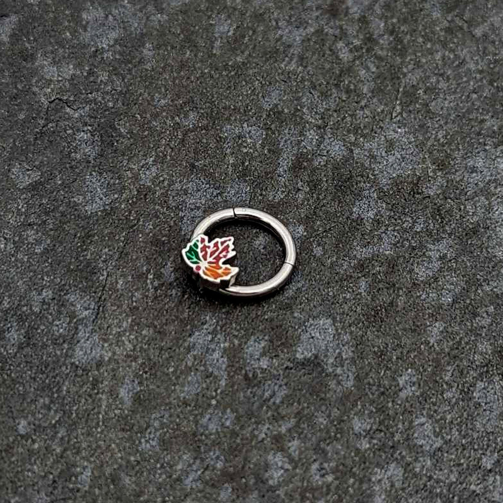 BodyCandy 16G 5/16 Tricolor Red Autumn Maple Leaf Hinged Segment Ring — side view