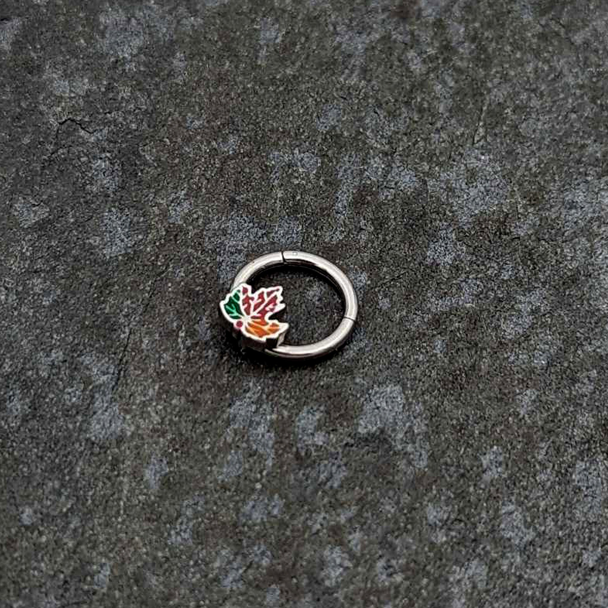 BodyCandy 16G 5/16 Tricolor Red Autumn Maple Leaf Hinged Segment Ring — side view