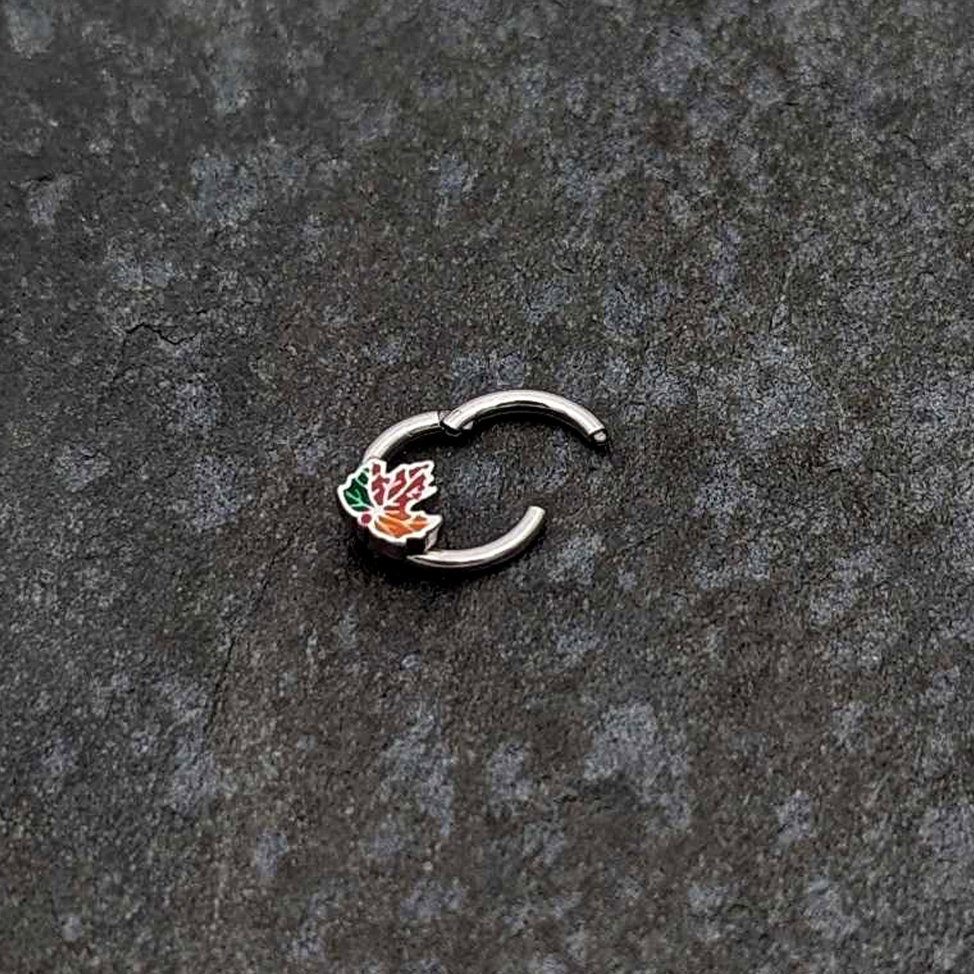BodyCandy 16G 5/16 Tricolor Red Autumn Maple Leaf Hinged Segment Ring — back view