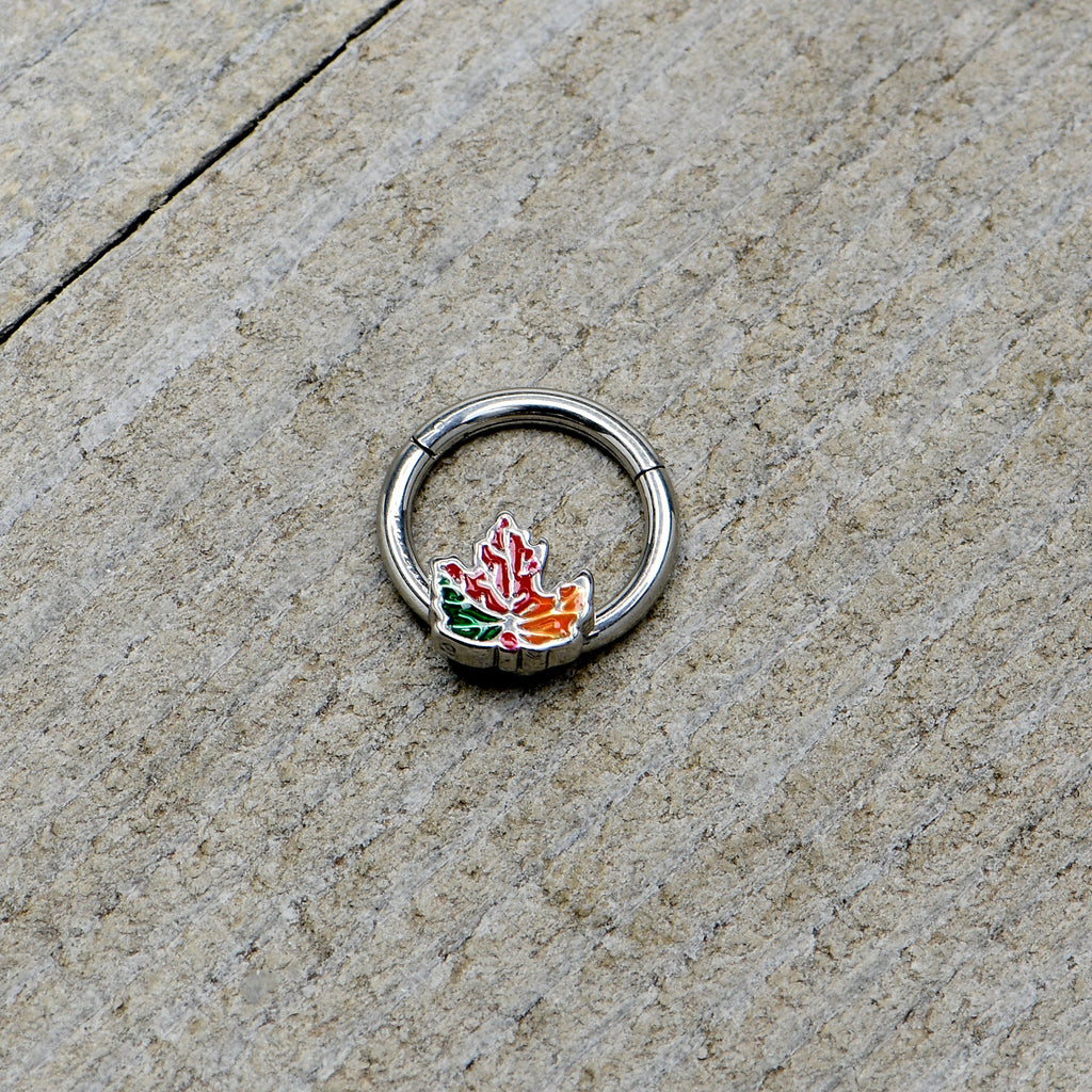 BodyCandy 16G 5/16 Tricolor Red Autumn Maple Leaf Hinged Segment Ring — alternative angle