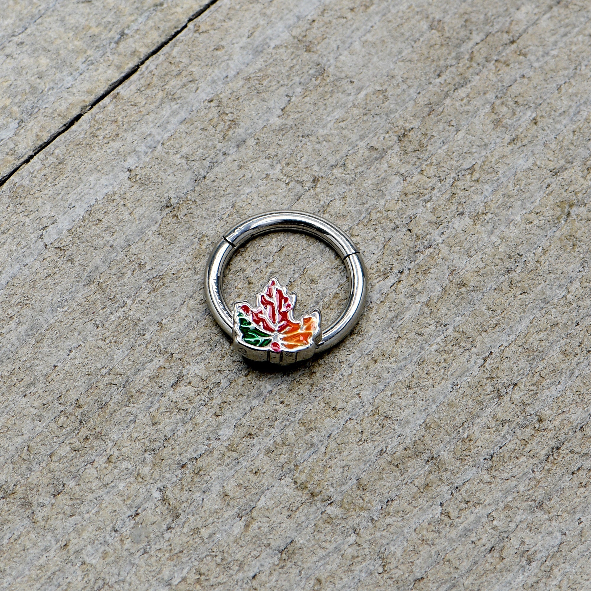 BodyCandy 16G 5/16 Tricolor Red Autumn Maple Leaf Hinged Segment Ring — alternative angle