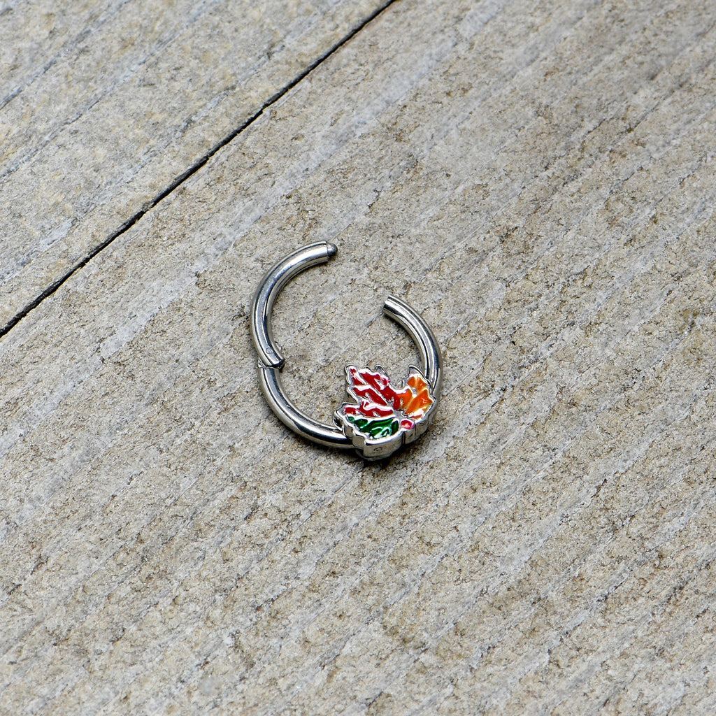 BodyCandy 16G 5/16 Tricolor Red Autumn Maple Leaf Hinged Segment Ring — in-use photo