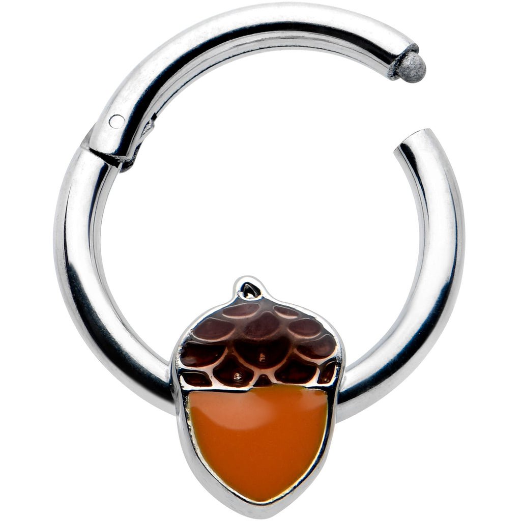 BodyCandy 16G 3/8 Autumn Acorn Orange Brown Hinged Segment Ring — detail close-up