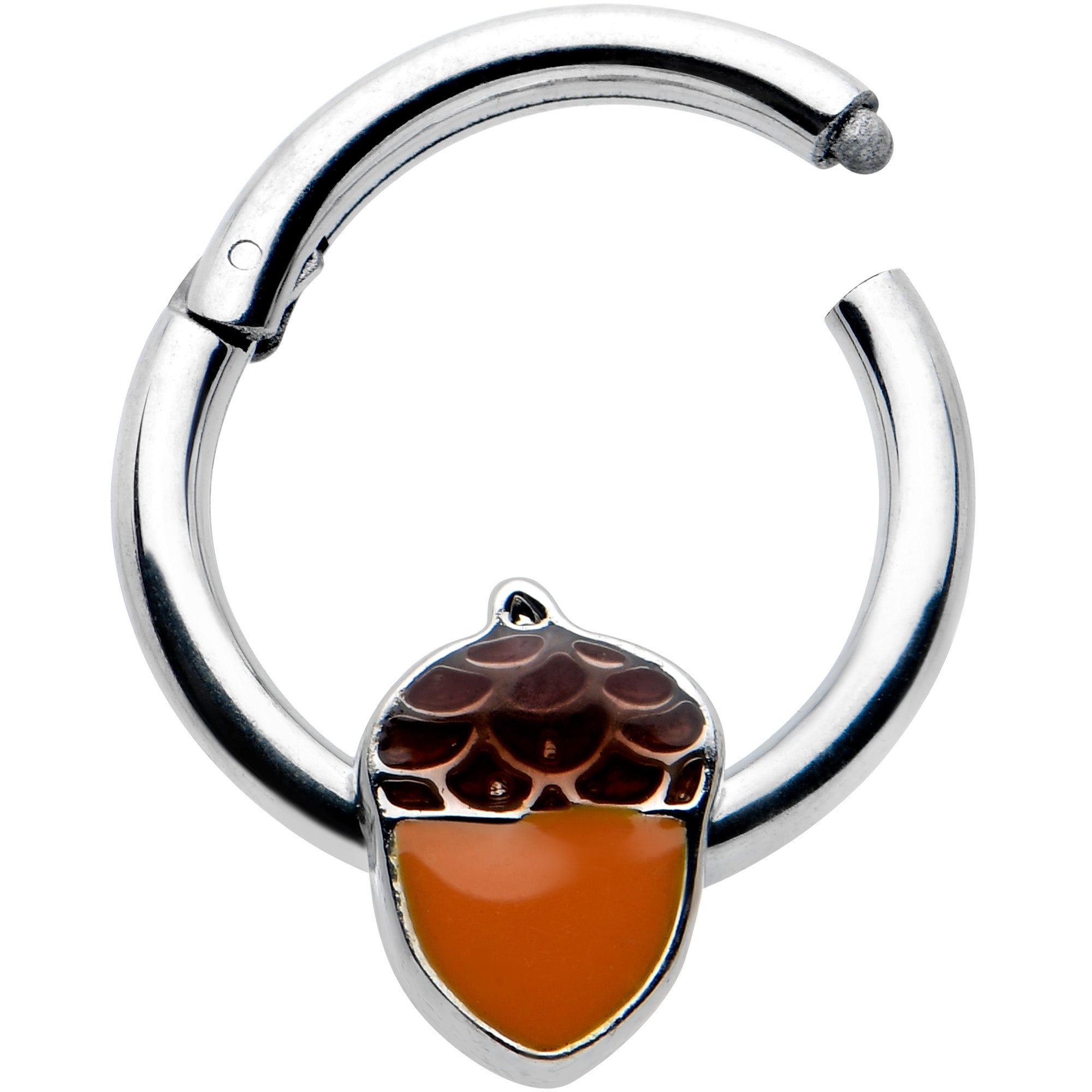 BodyCandy 16G 3/8 Autumn Acorn Orange Brown Hinged Segment Ring — detail close-up