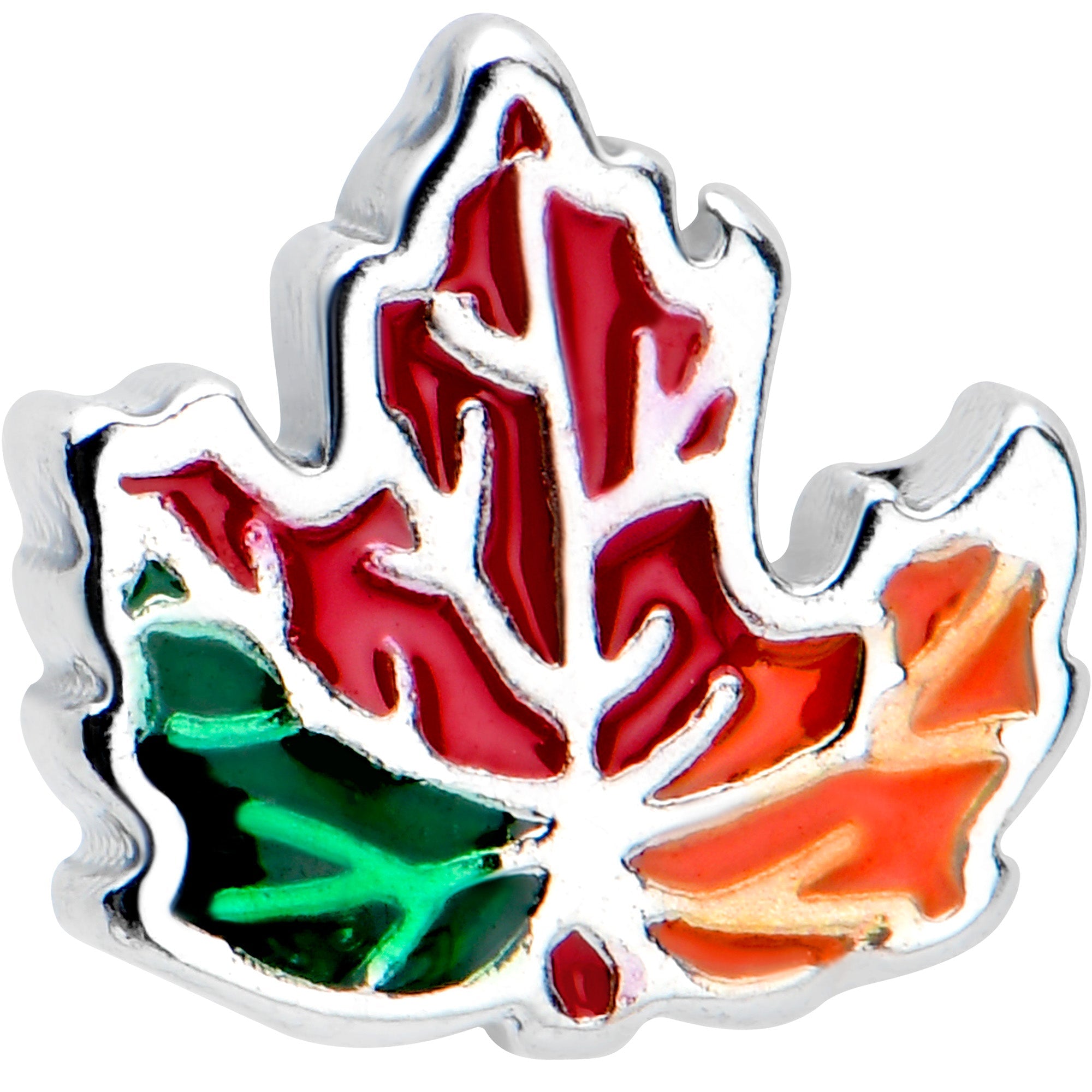 BodyCandy 16G 5/16 Autumn Tricolor Red Maple Leaf Labret Monroe Tragus — detail close-up