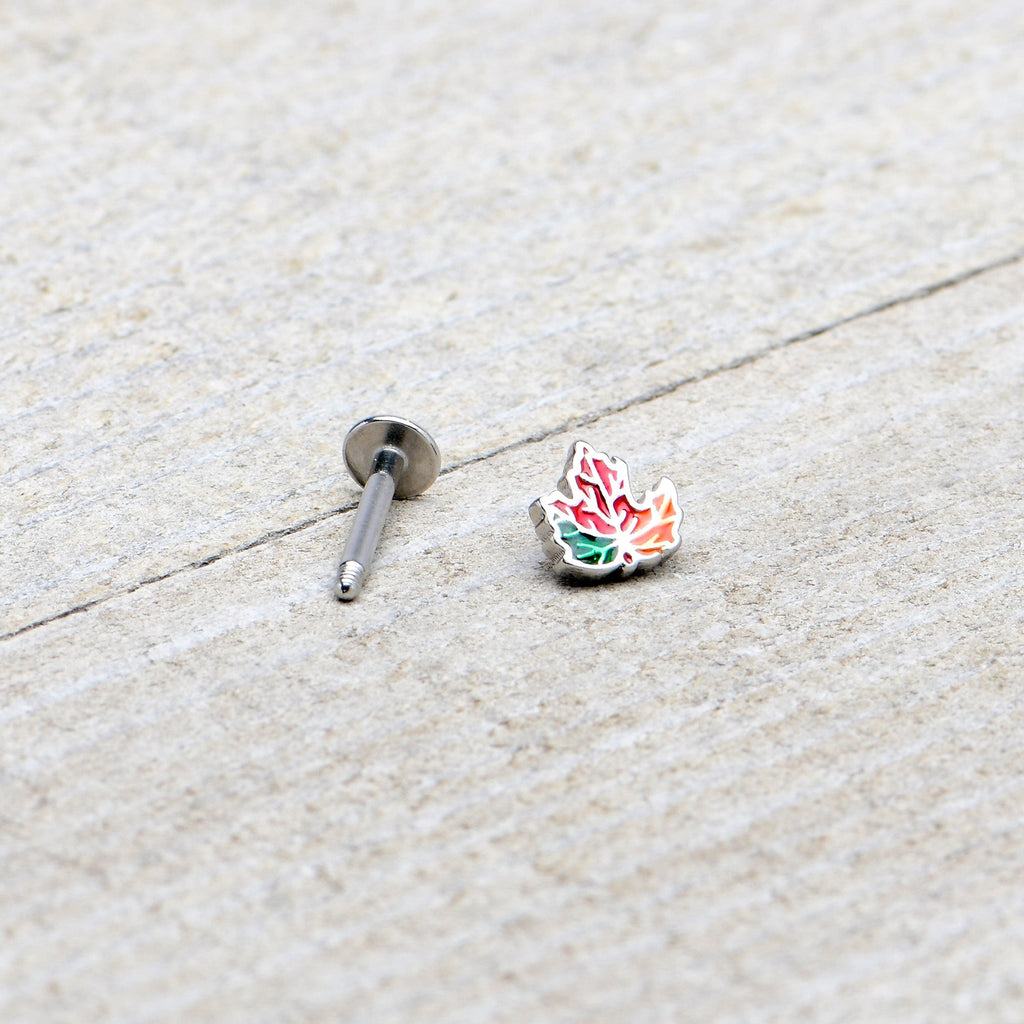 BodyCandy 16G 5/16 Autumn Tricolor Red Maple Leaf Labret Monroe Tragus — in-use photo
