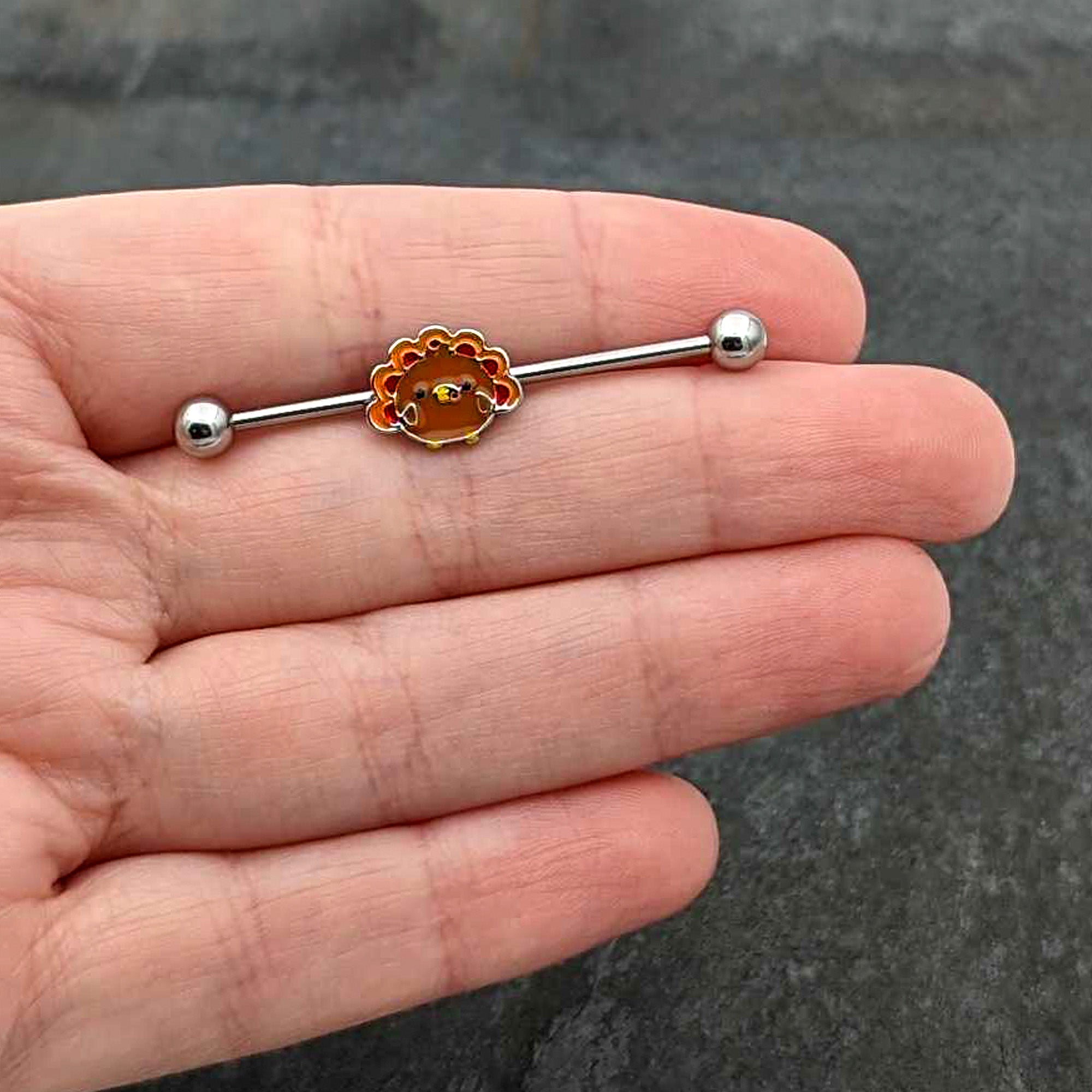 BodyCandy 14G Cute Colorful Turkey Thanksgiving Industrial Barbell 38mm — in-use photo