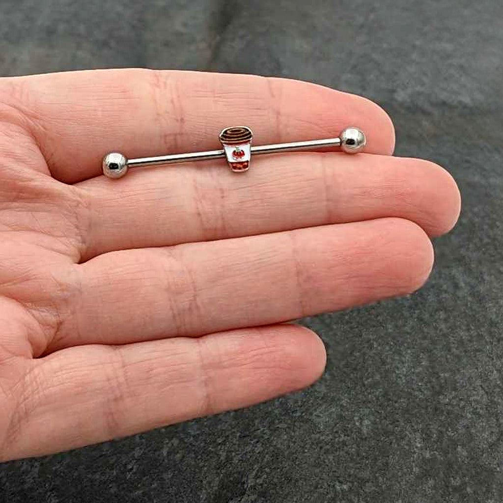 BodyCandy 14G Sweet Pumpkin Latte Thanksgiving Industrial Barbell 38mm — in-use photo