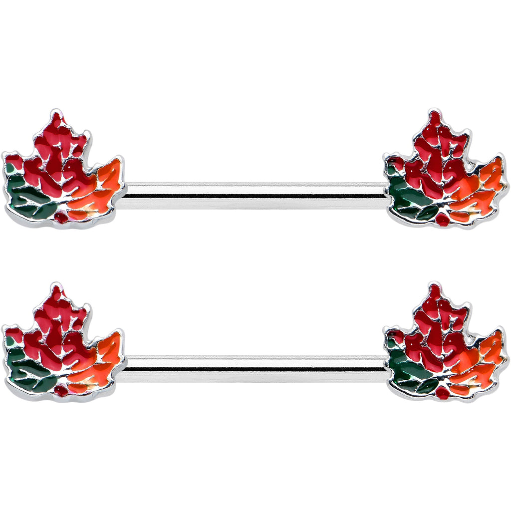 BodyCandy 14G 9/16 Autumn Tricolor Maple Leaf Barbell Nipple Ring Set — detail close-up