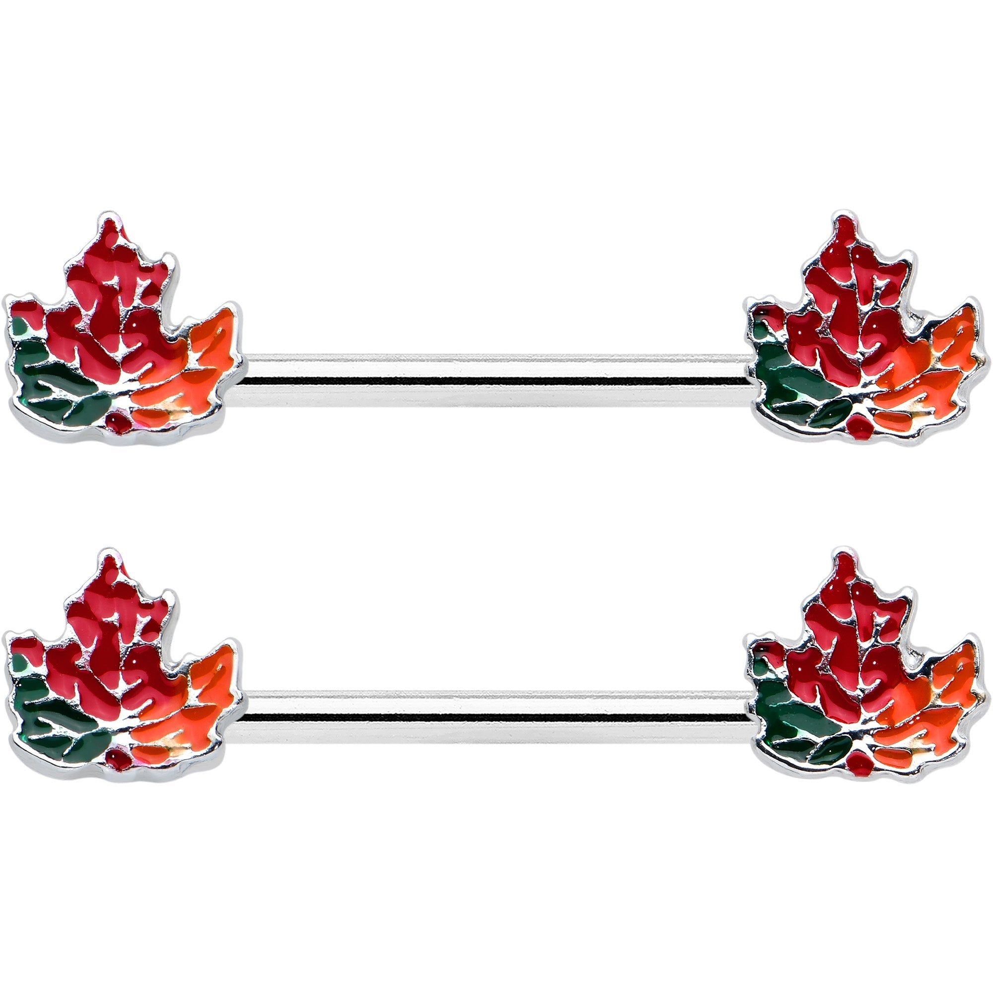 BodyCandy 14G 9/16 Autumn Tricolor Maple Leaf Barbell Nipple Ring Set — detail close-up