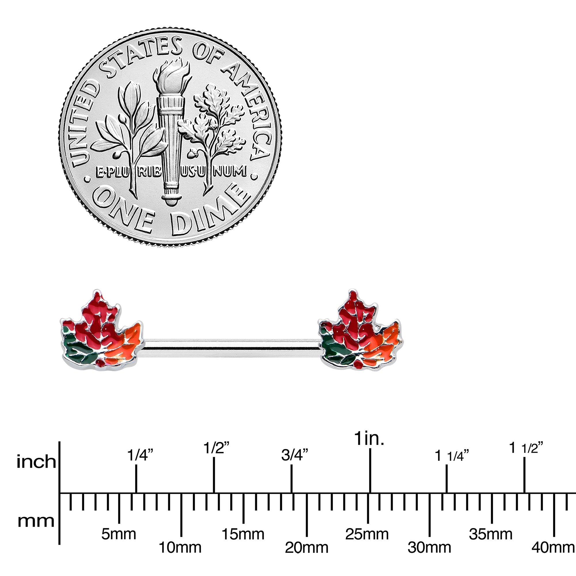 BodyCandy 14G 9/16 Autumn Tricolor Maple Leaf Barbell Nipple Ring Set — lifestyle context