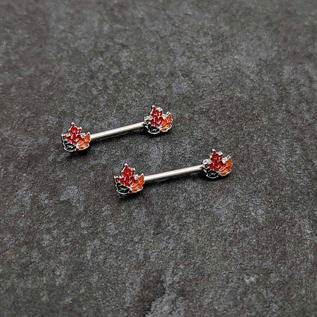BodyCandy 14G 9/16 Autumn Tricolor Maple Leaf Barbell Nipple Ring Set — side view