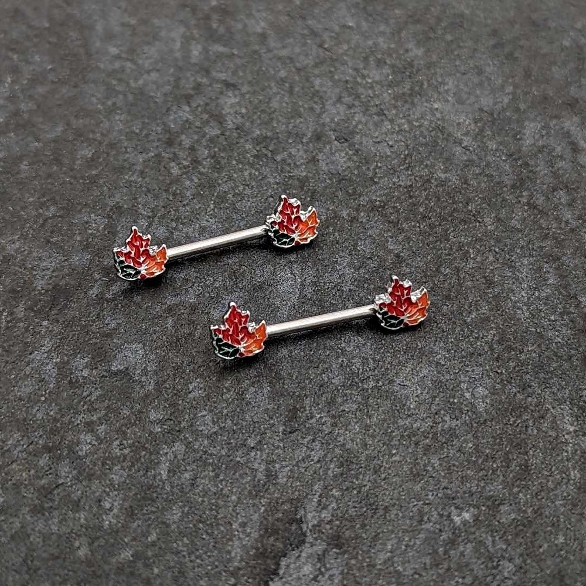BodyCandy 14G 9/16 Autumn Tricolor Maple Leaf Barbell Nipple Ring Set — side view