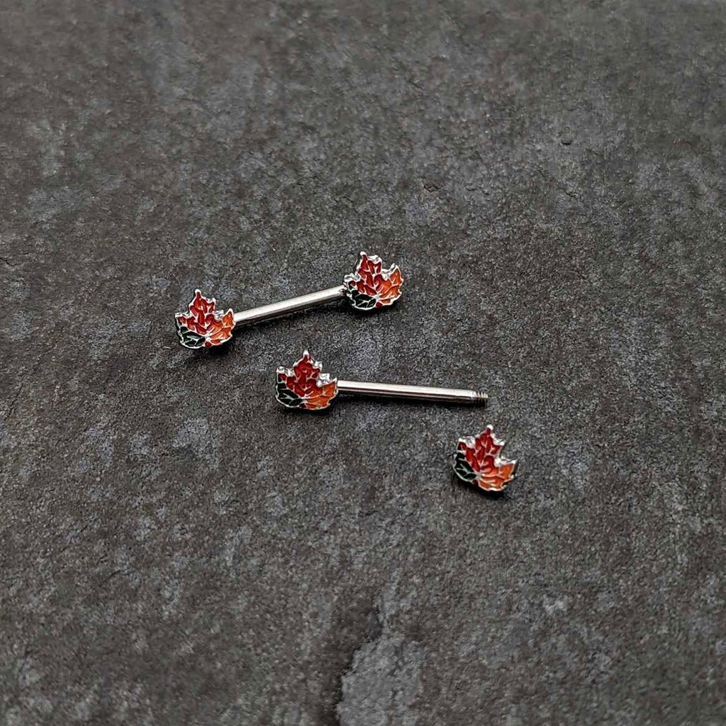 BodyCandy 14G 9/16 Autumn Tricolor Maple Leaf Barbell Nipple Ring Set — back view