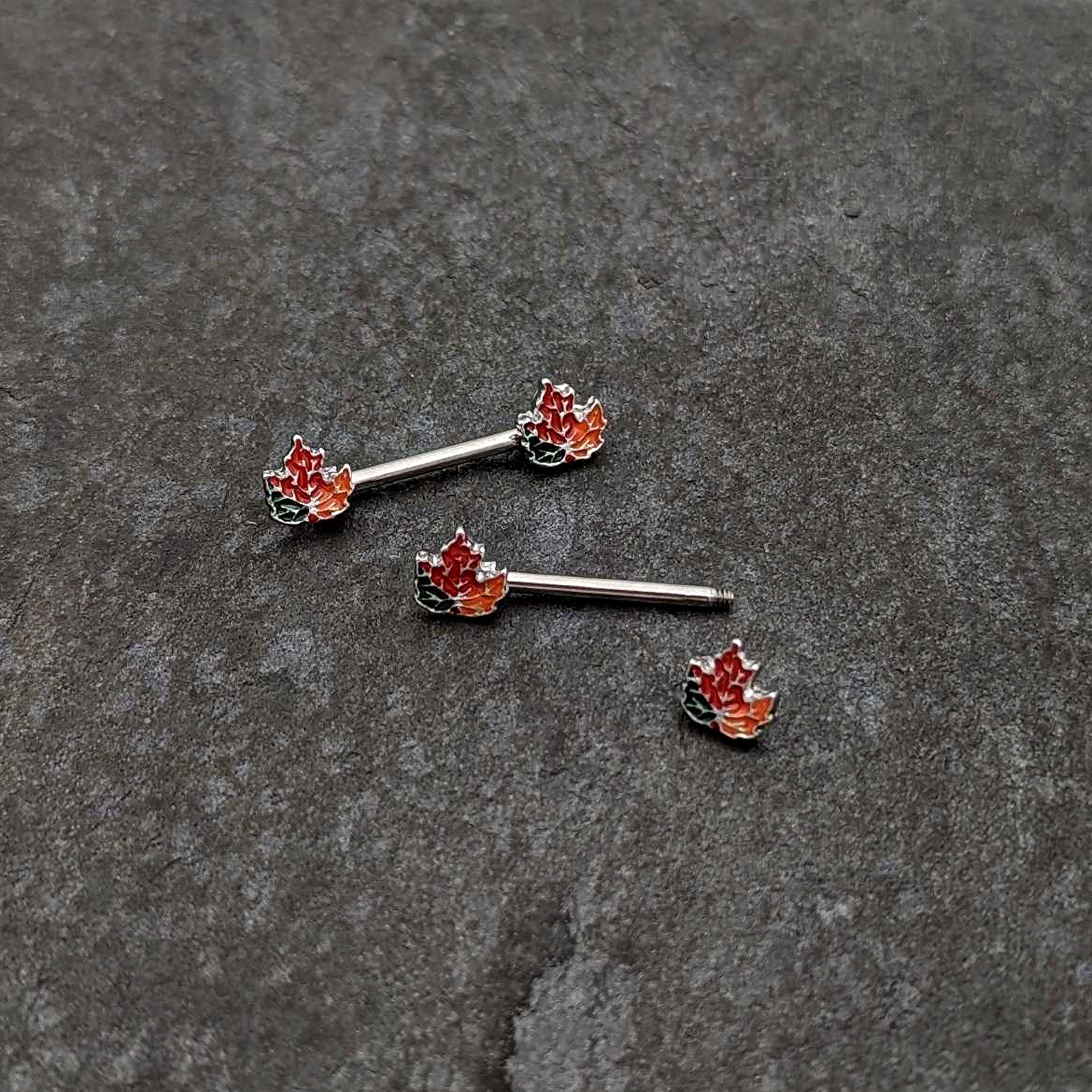 BodyCandy 14G 9/16 Autumn Tricolor Maple Leaf Barbell Nipple Ring Set — back view