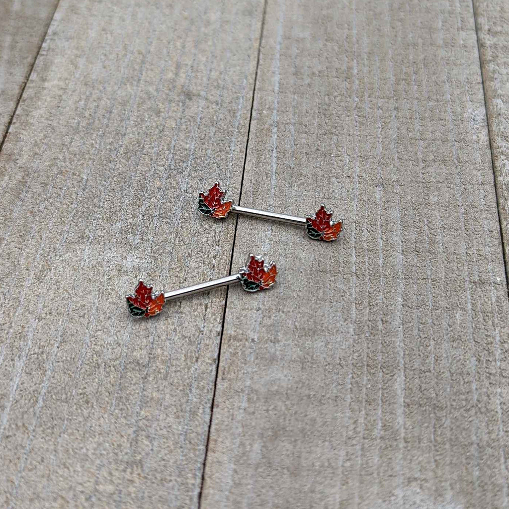 BodyCandy 14G 9/16 Autumn Tricolor Maple Leaf Barbell Nipple Ring Set — alternative angle