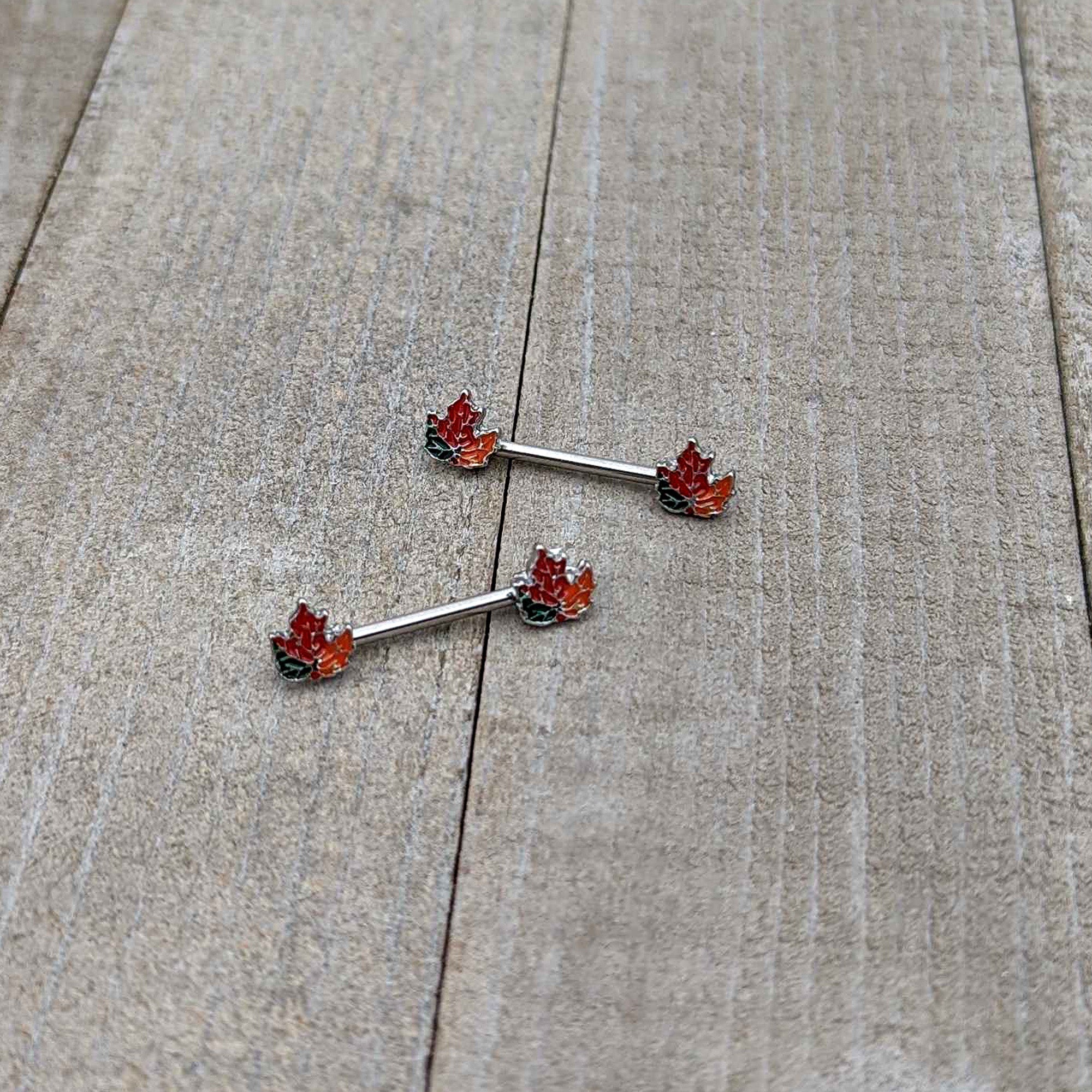 BodyCandy 14G 9/16 Autumn Tricolor Maple Leaf Barbell Nipple Ring Set — alternative angle