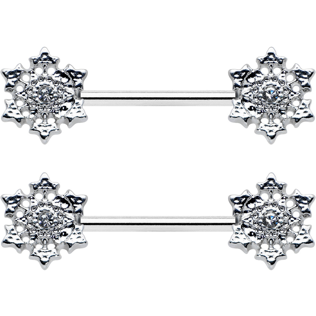 BodyCandy 14G 9/16 Clear Gem Filigree Winter Snowflake Nipple Ring Set — detail close-up