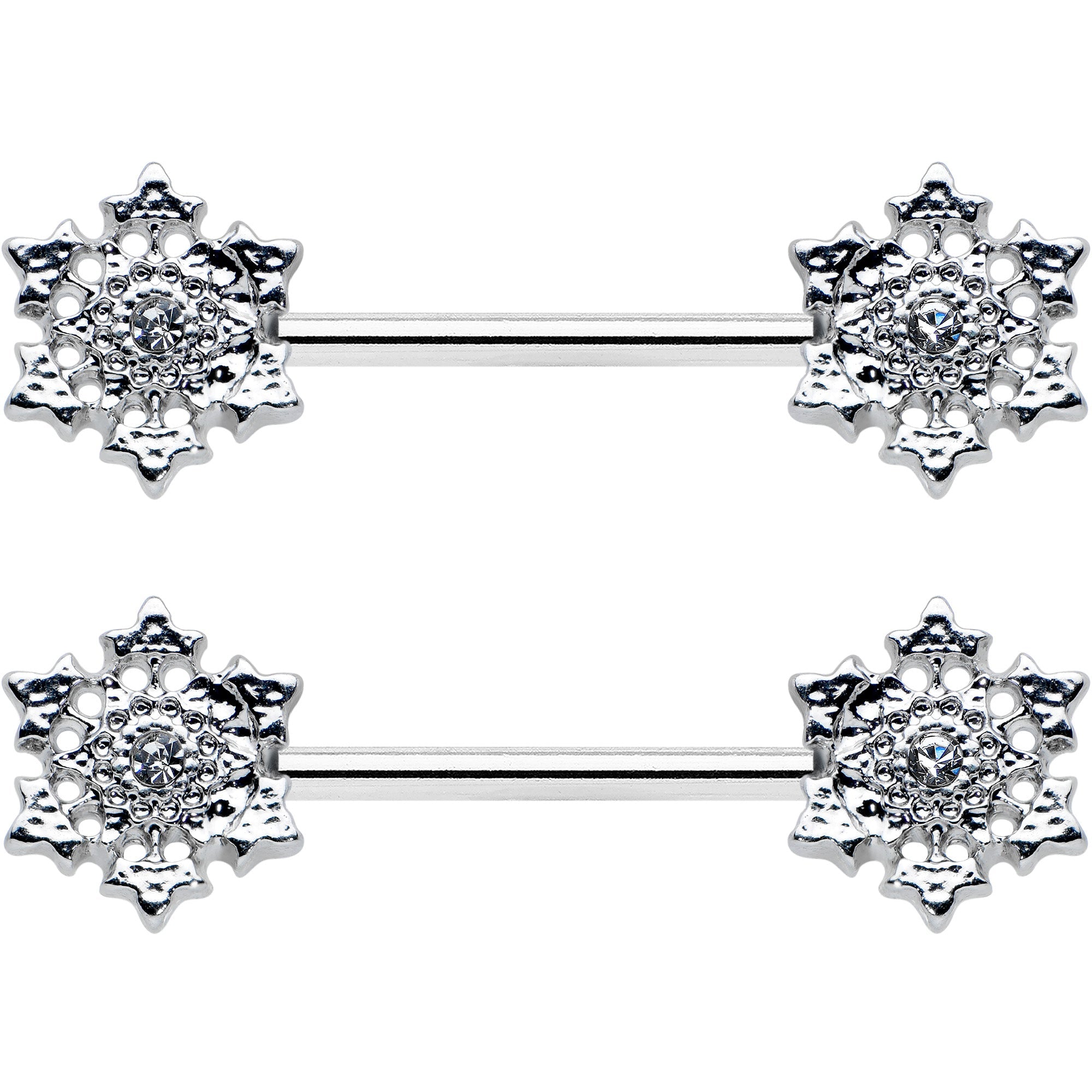 BodyCandy 14G 9/16 Clear Gem Filigree Winter Snowflake Nipple Ring Set — detail close-up